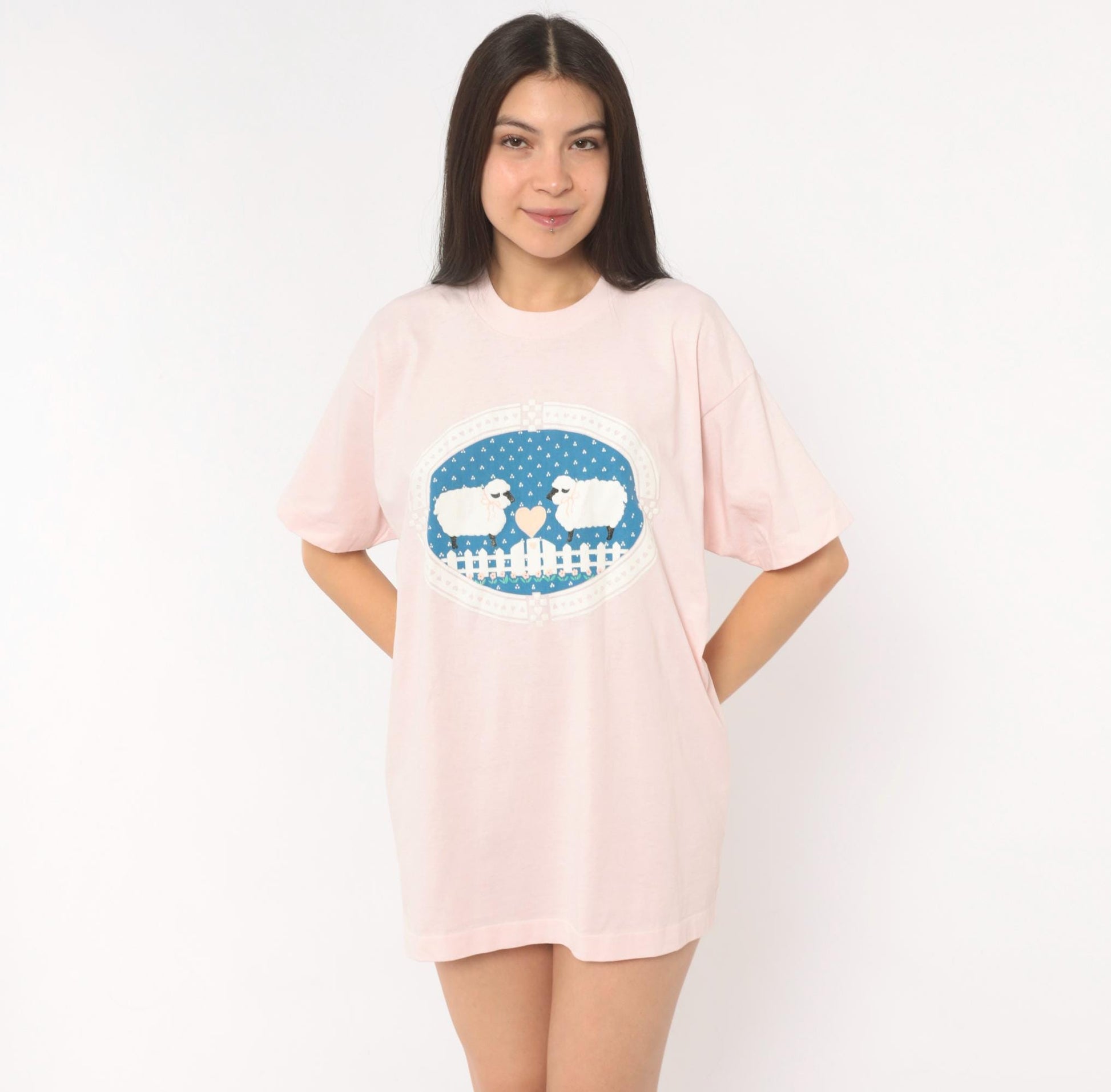 90s Screen Stars Sheep Heart Graphic Tee Pink Cotton Blush Print Extra Large XL