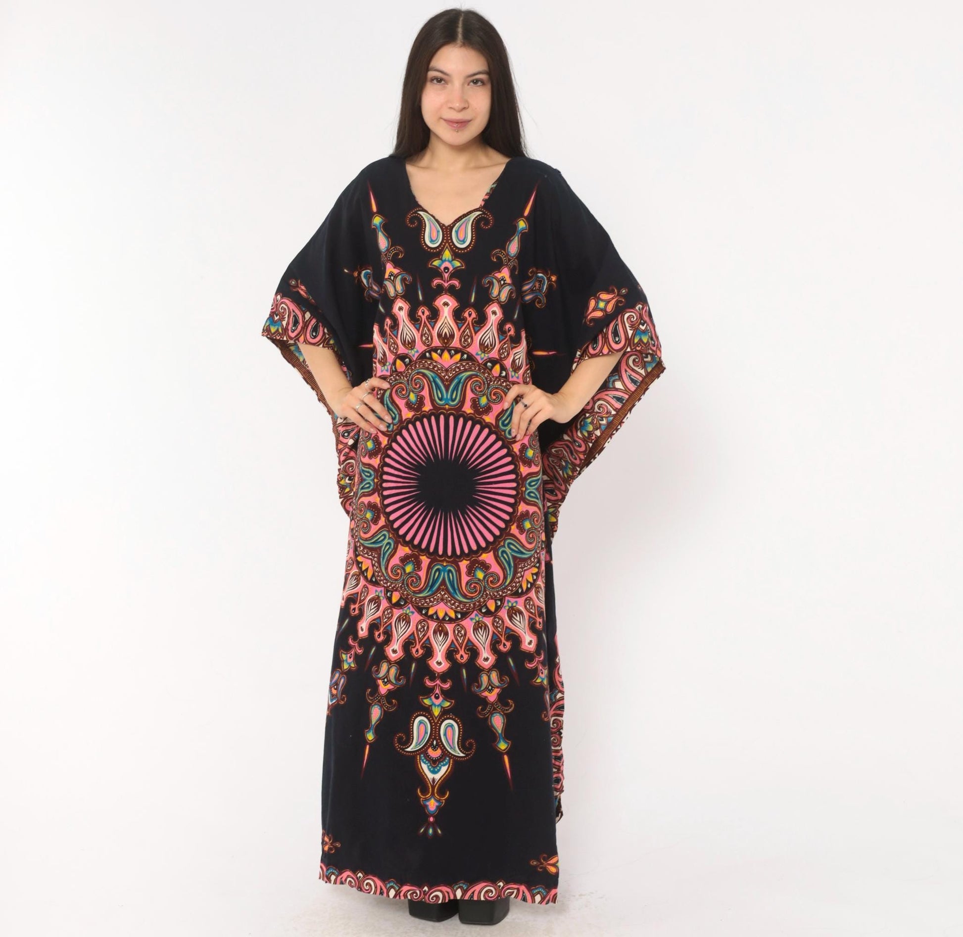 2000s Black Mandala Kaftan Paisley Print Pink V-Neck Bat Wing Maxi Dress One Size