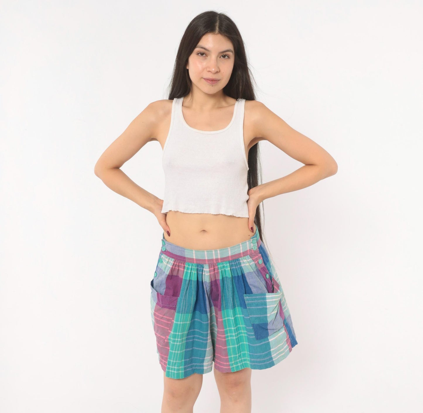 90s Technics Madras Plaid Shorts High Waisted Wide Leg Cotton Teal Pink Large L