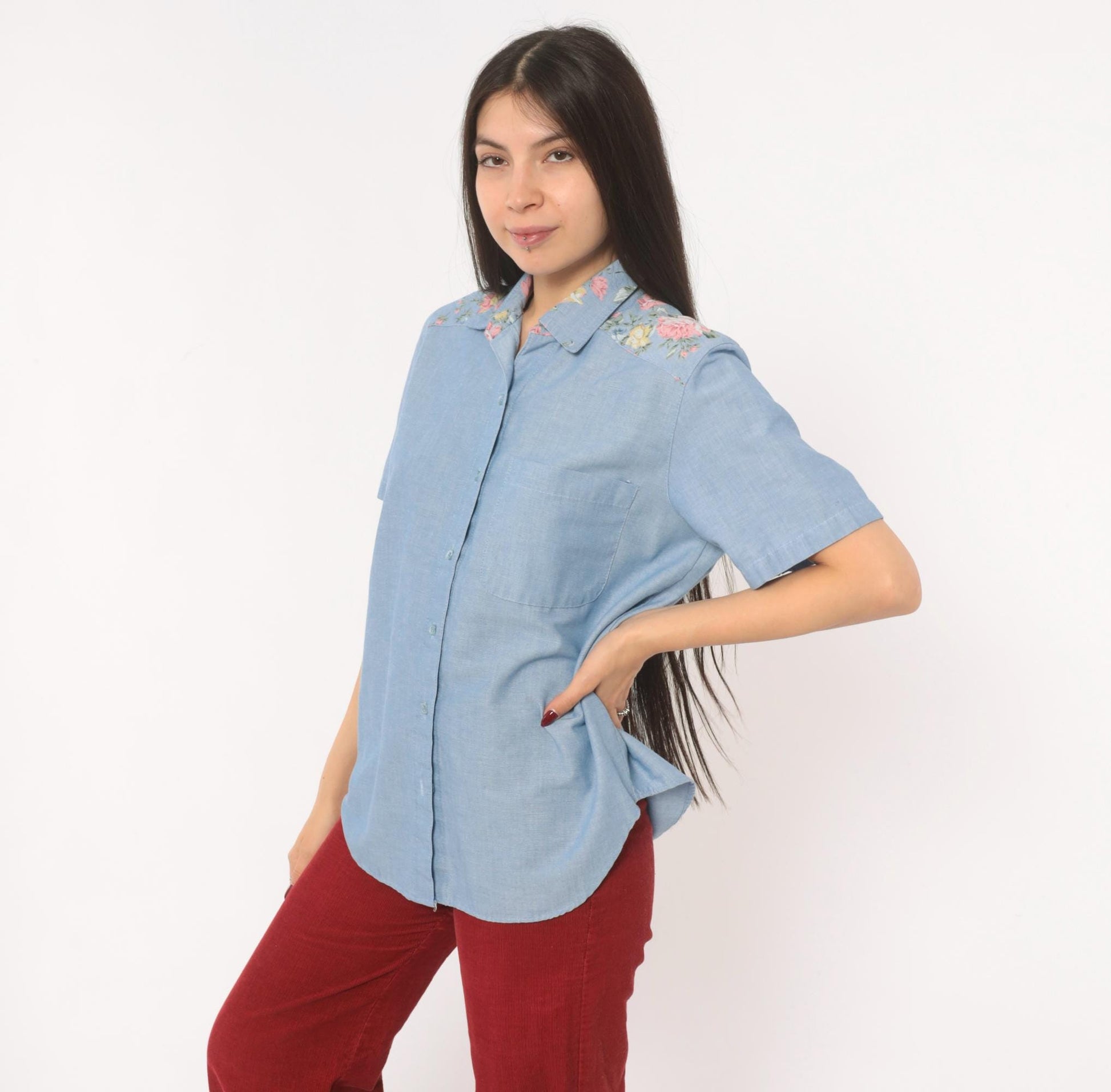 90s Alfred Dunner Floral Yoke Chambray Shirt Blue Button Front Medium