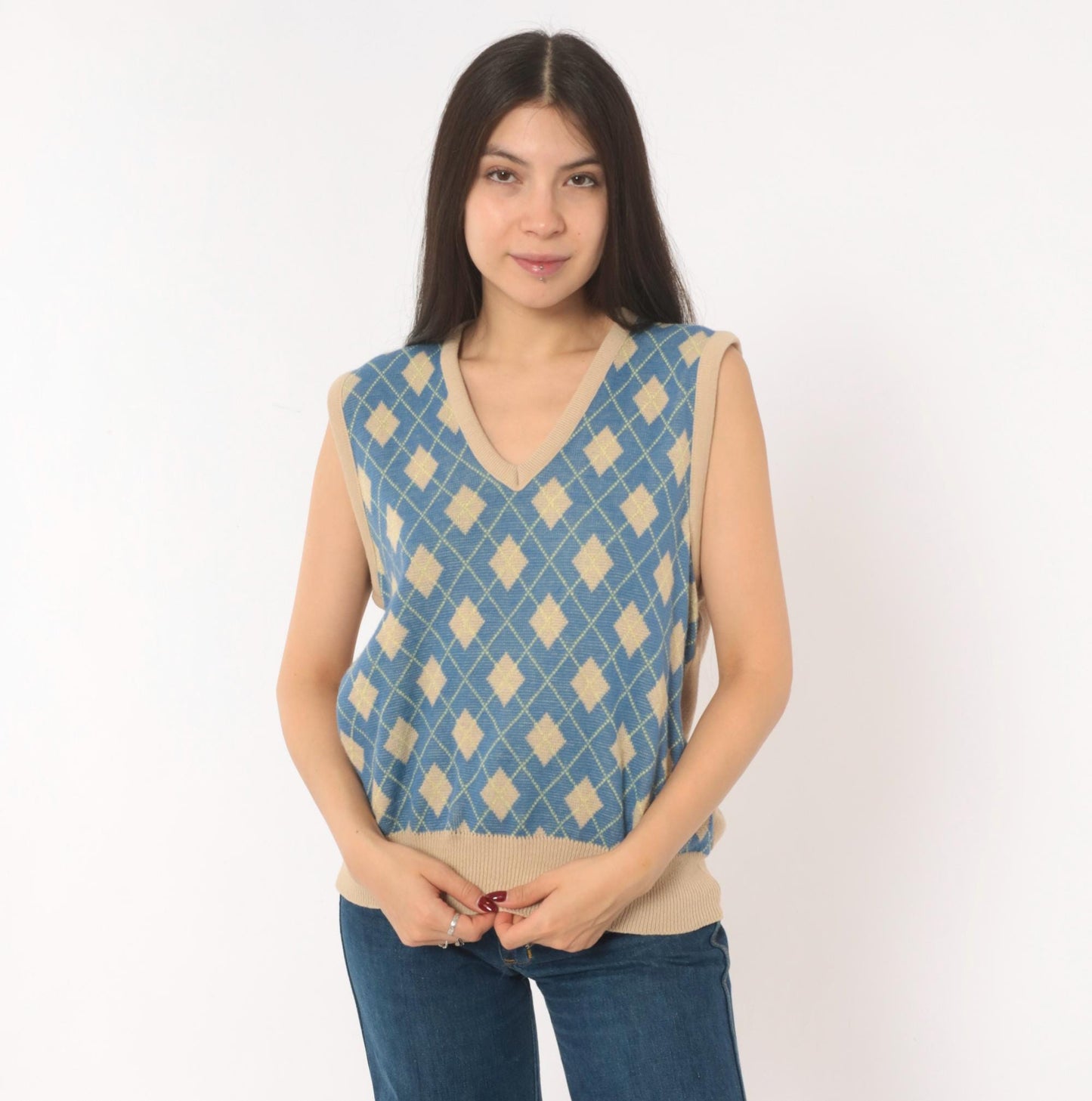 70s Pinnacle Argyle Knit Vest Blue Tan Diamond V-Neck Medium