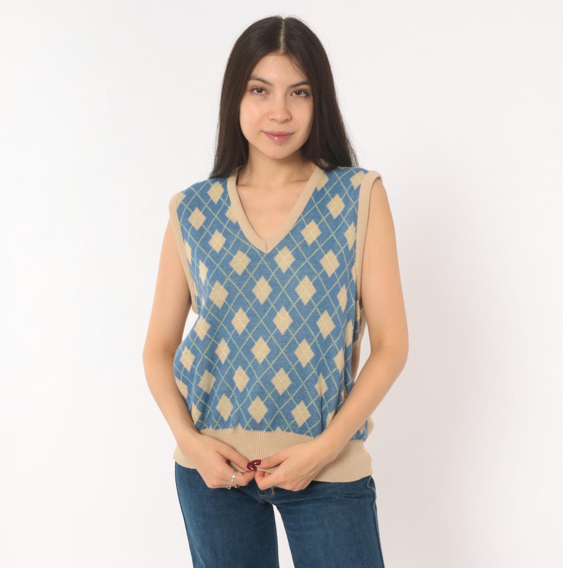 70s Pinnacle Argyle Knit Vest Blue Tan Diamond V-Neck Medium