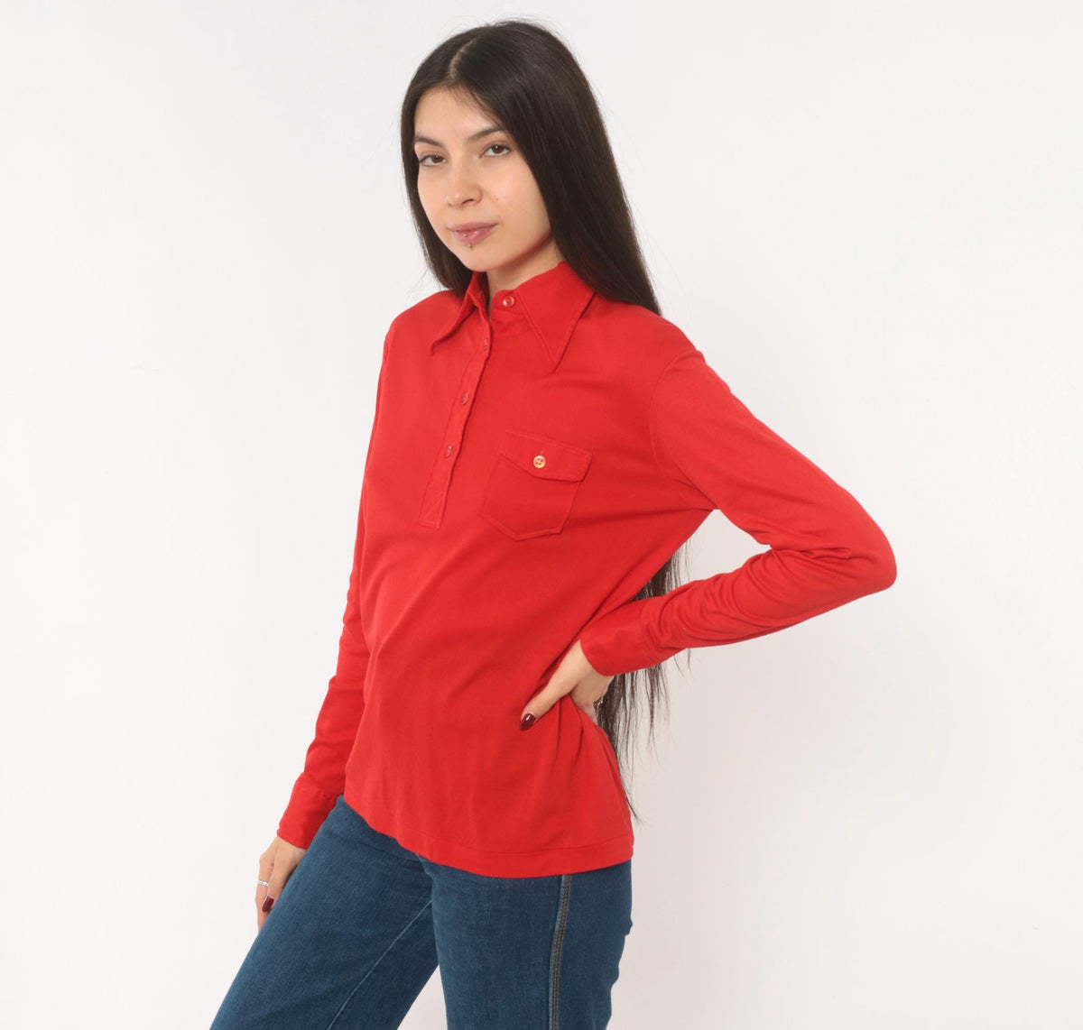 70s K Mart Red Polo Shirt Pointed Collar Long Sleeve Chest Pocket Medium