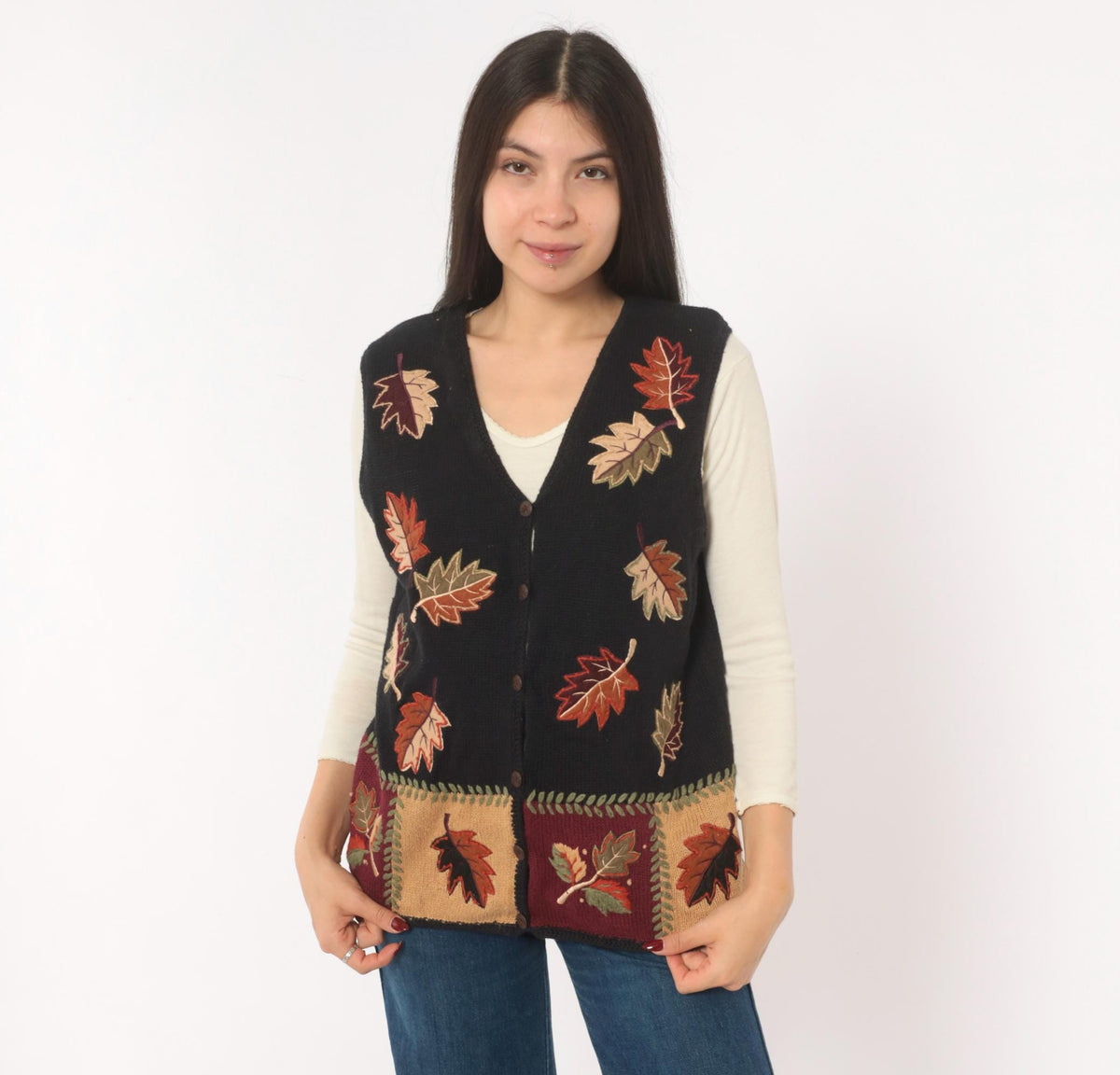 90s Black Knit Vest Autumn Leaves Appliqué Button Front Patchwork Medium M