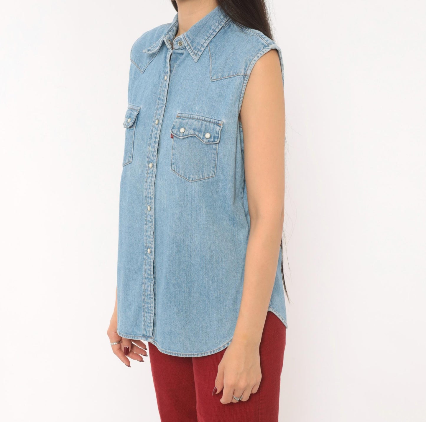 2000s Levi's Red Tab Denim Western Vest Light Wash Pearl Snap Medium M