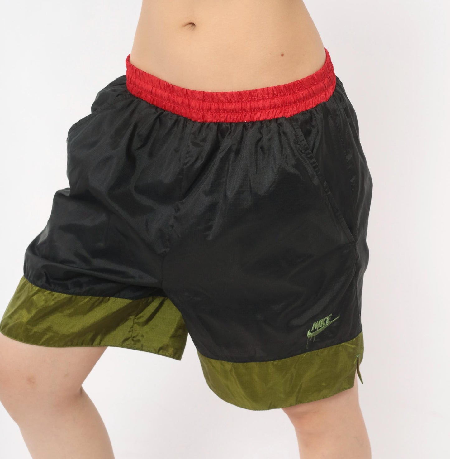 90s Nike Windbreaker Shorts Black Olive Red Color Block Medium M
