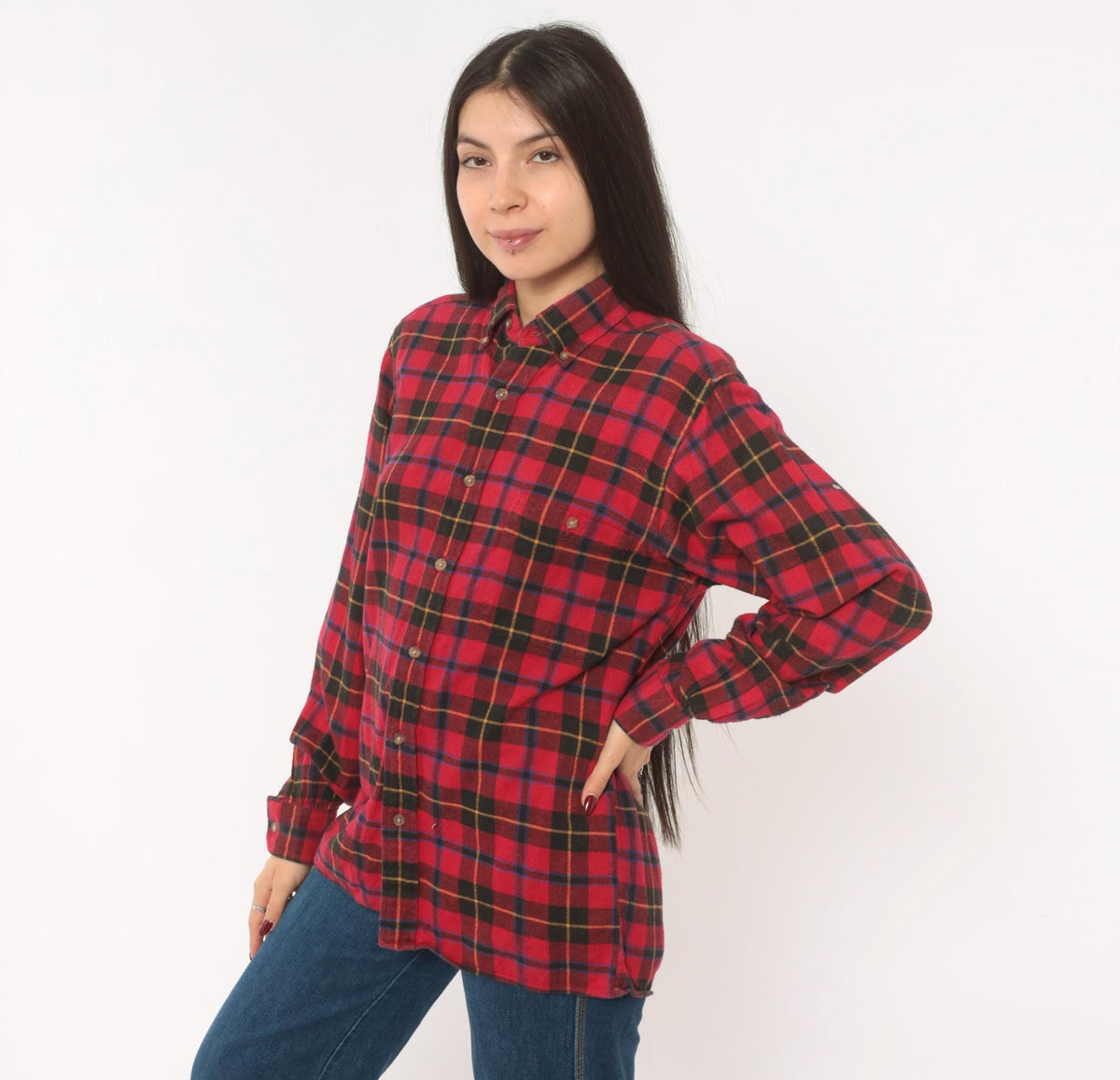 90s High Sierra Plaid Flannel Shirt Red Black Tartan Cotton Small