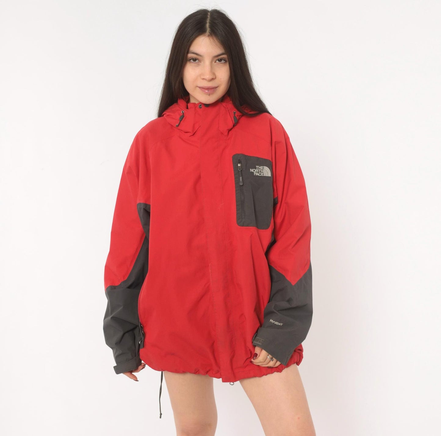 2000s The North Face Red Black HyVent Hooded Windbreaker Large L