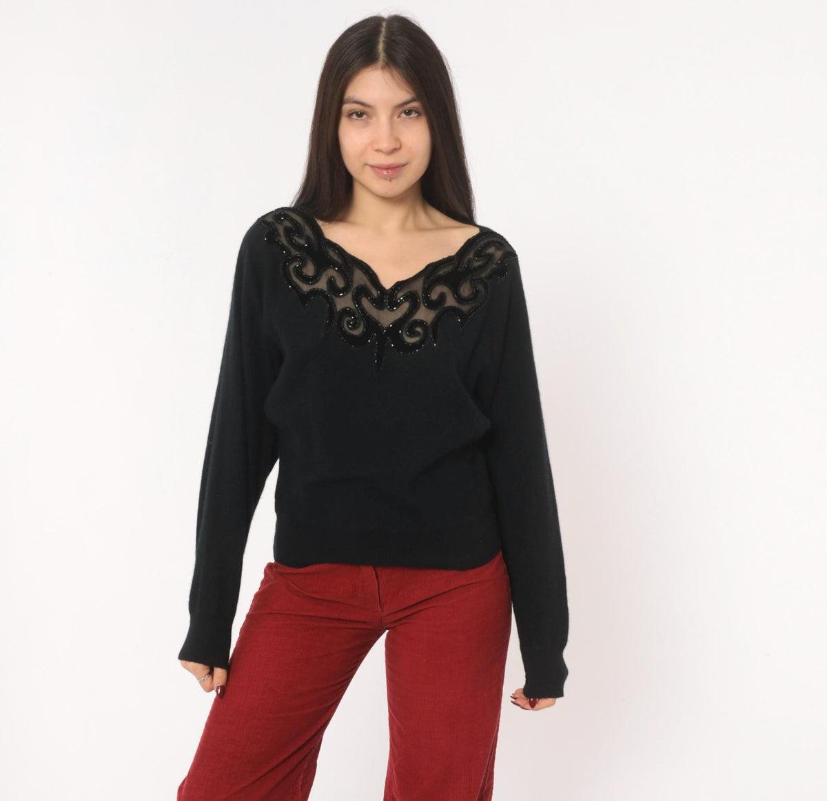 80s Sunbow 2 Black Beaded Mesh V-Neck Angora Pullover Dolman Sleeve Medium