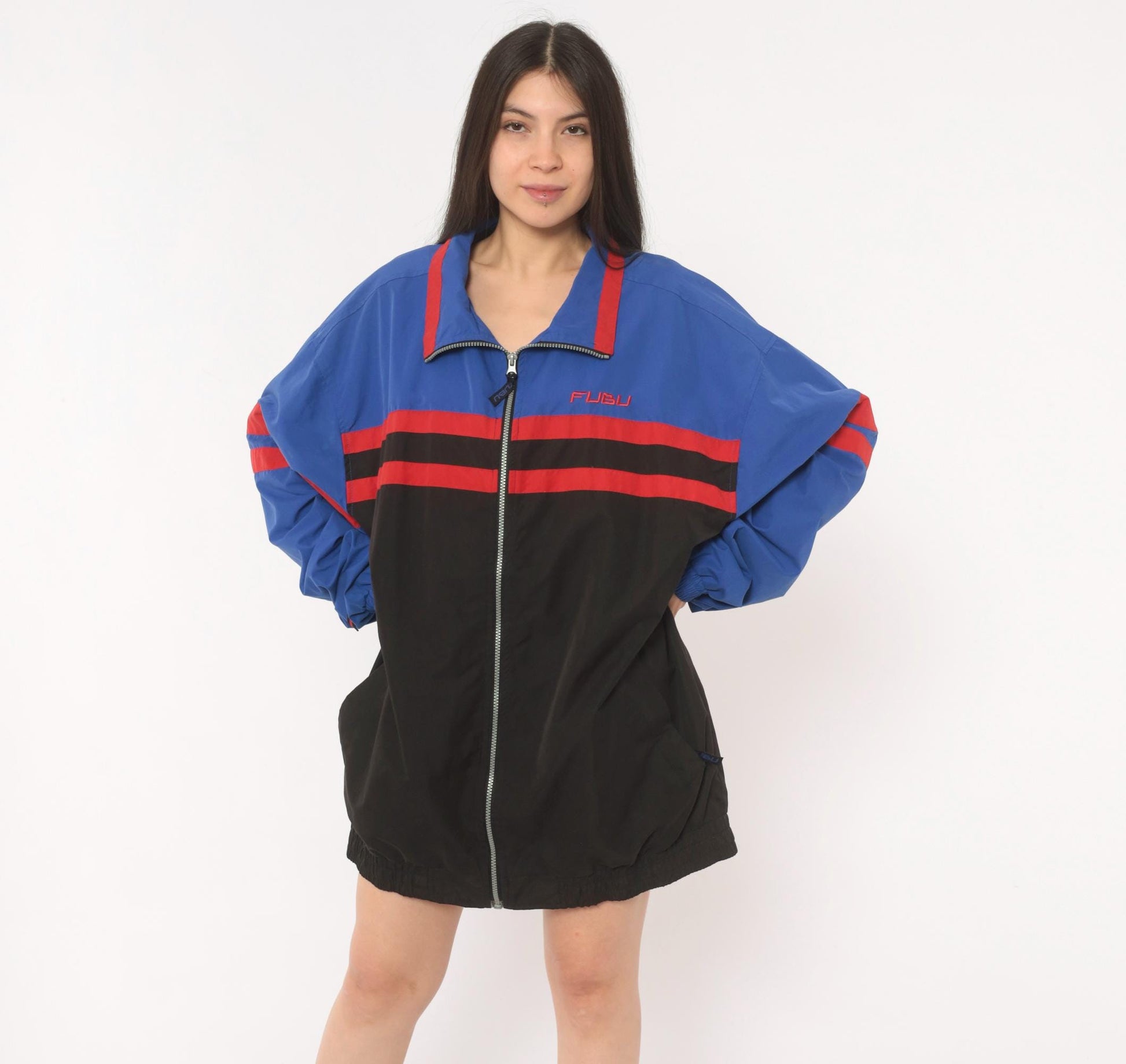 90s FUBU Sports Collection Windbreaker Royal Blue Black Red Colorblock Extra Large XL