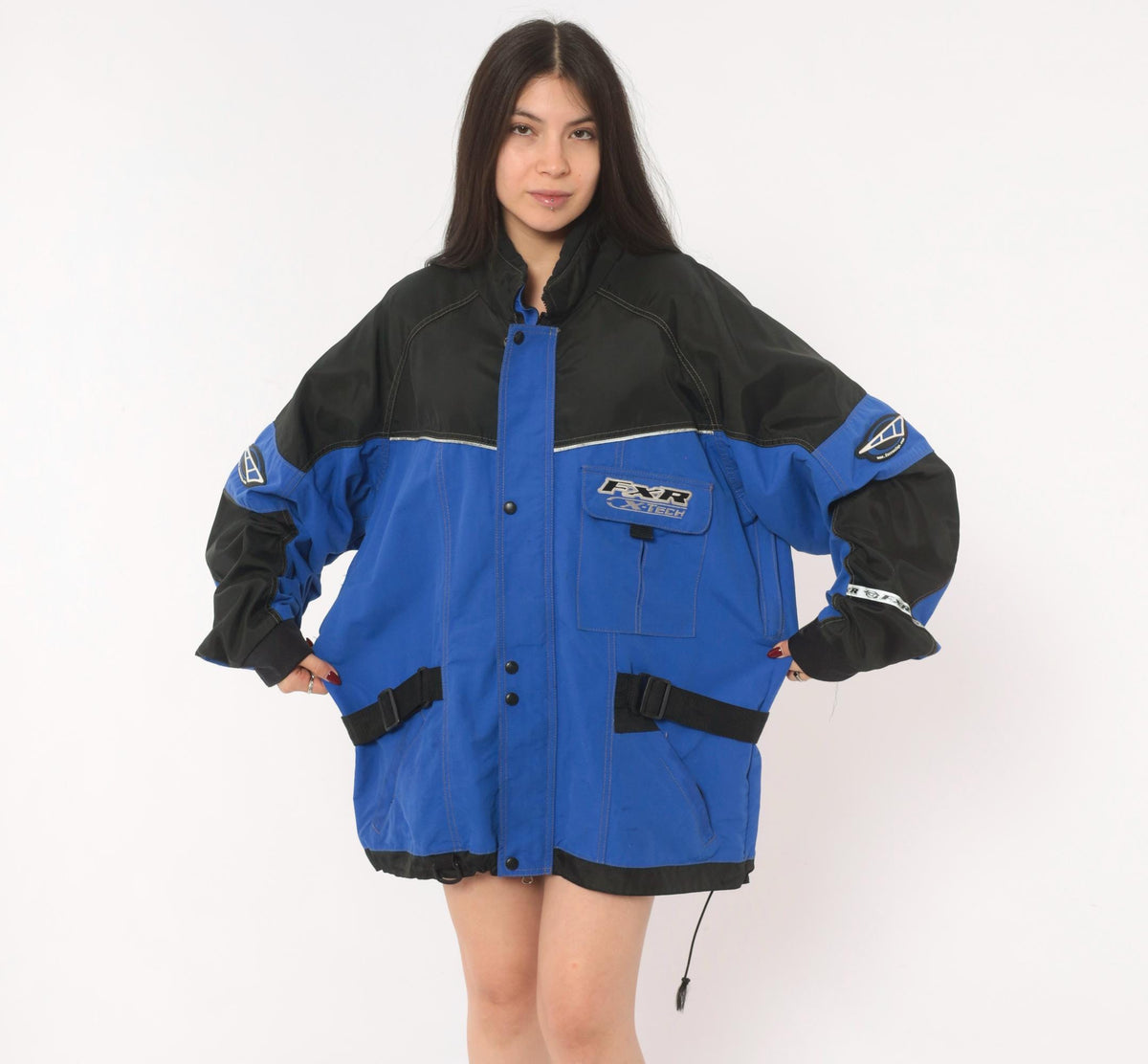 90s FXR X-Tech Snowmobile Jacket Blue Black Color Block Nylon Shell Extra Large XL