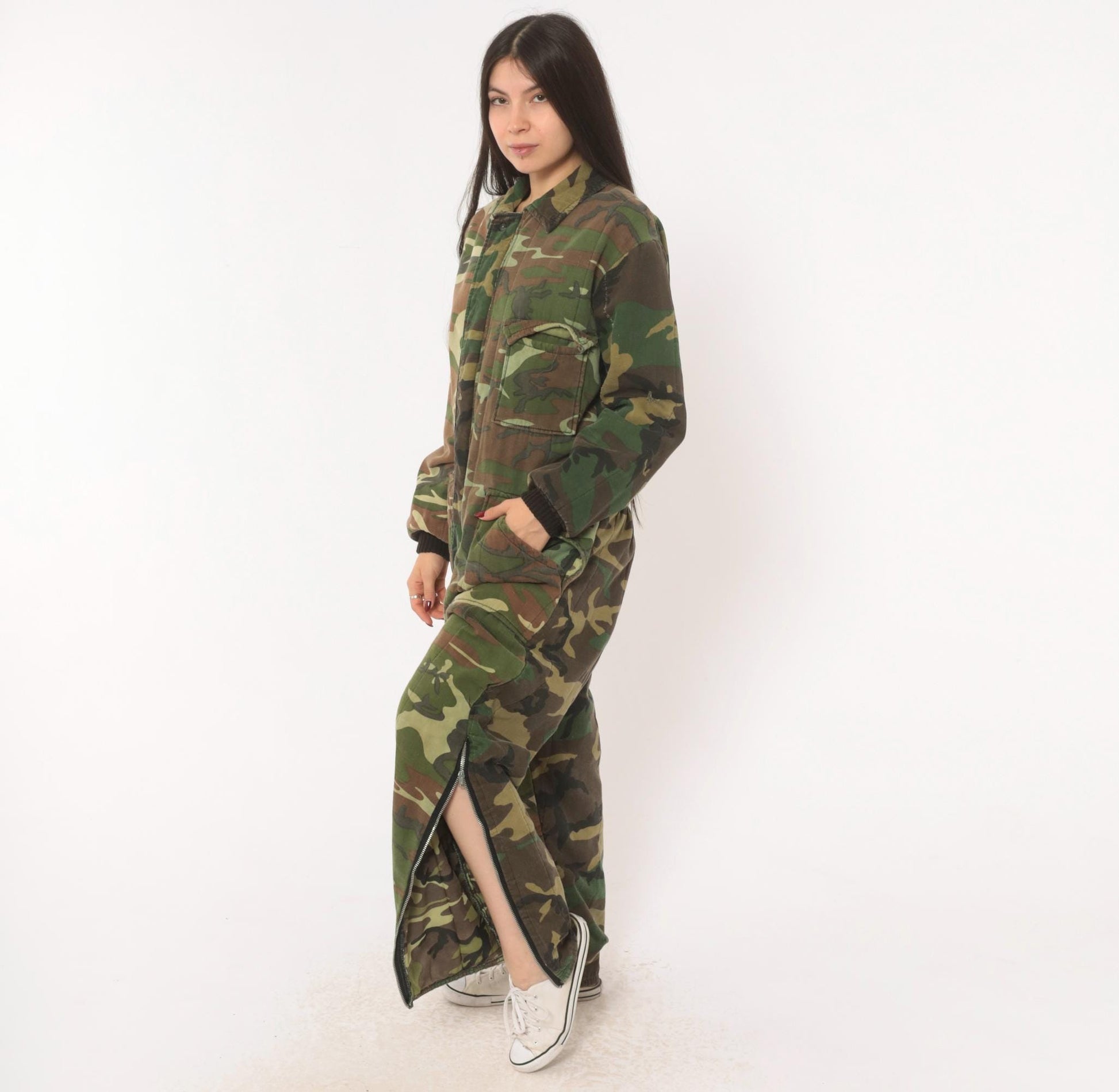 90s Woodland Camouflage Coveralls Zip Front Jumpsuit One Piece Medium