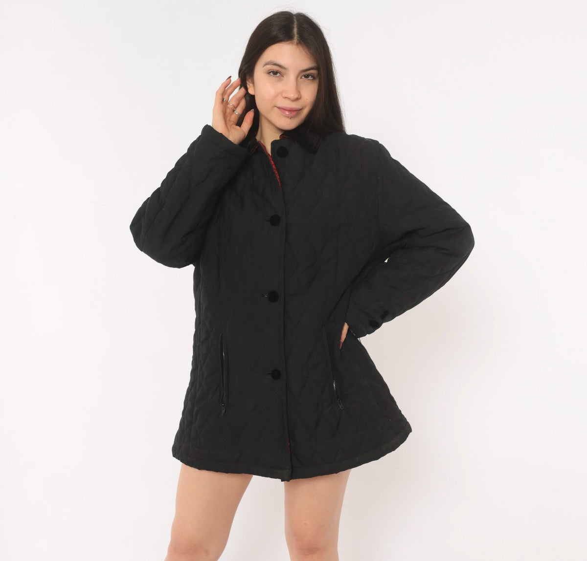 90s Halston Sport Black Quilted Jacket Diamond Stitch Velvet Collar Medium M