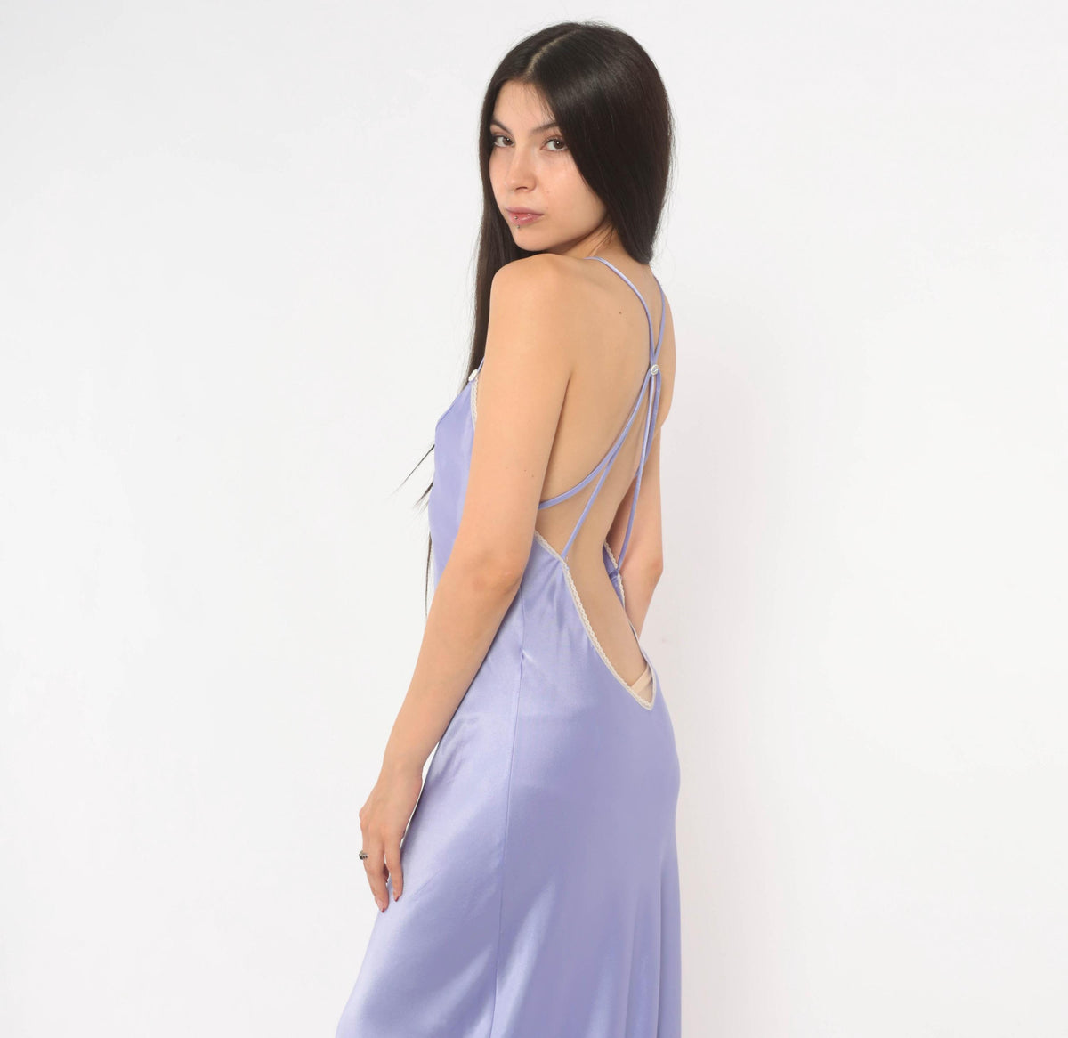 90s Lucie Ann Lavender Slip Gown Open Back Satin Lace Small