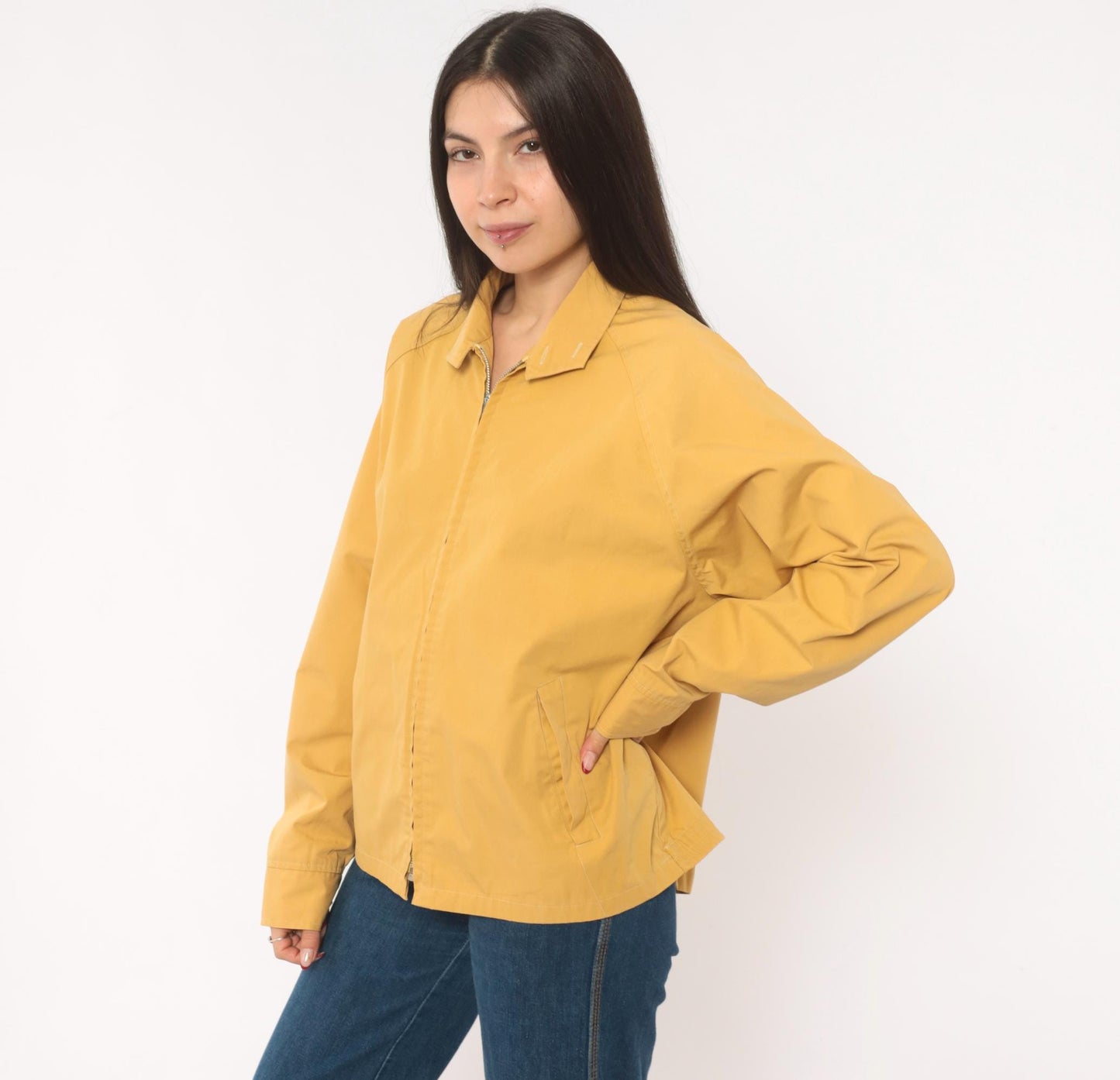 80s Mustard Harrington Jacket Zip Front Cotton Windbreaker Unisex Medium