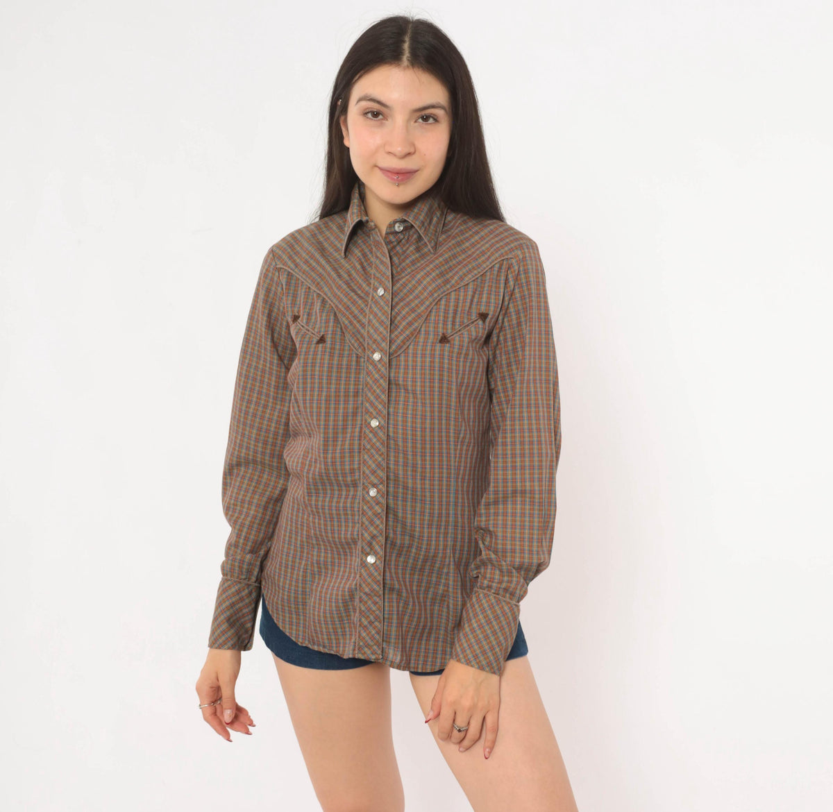 70s Western Plaid Shirt Pearl Snap Brown Blue Check Cotton Yoke Medium M