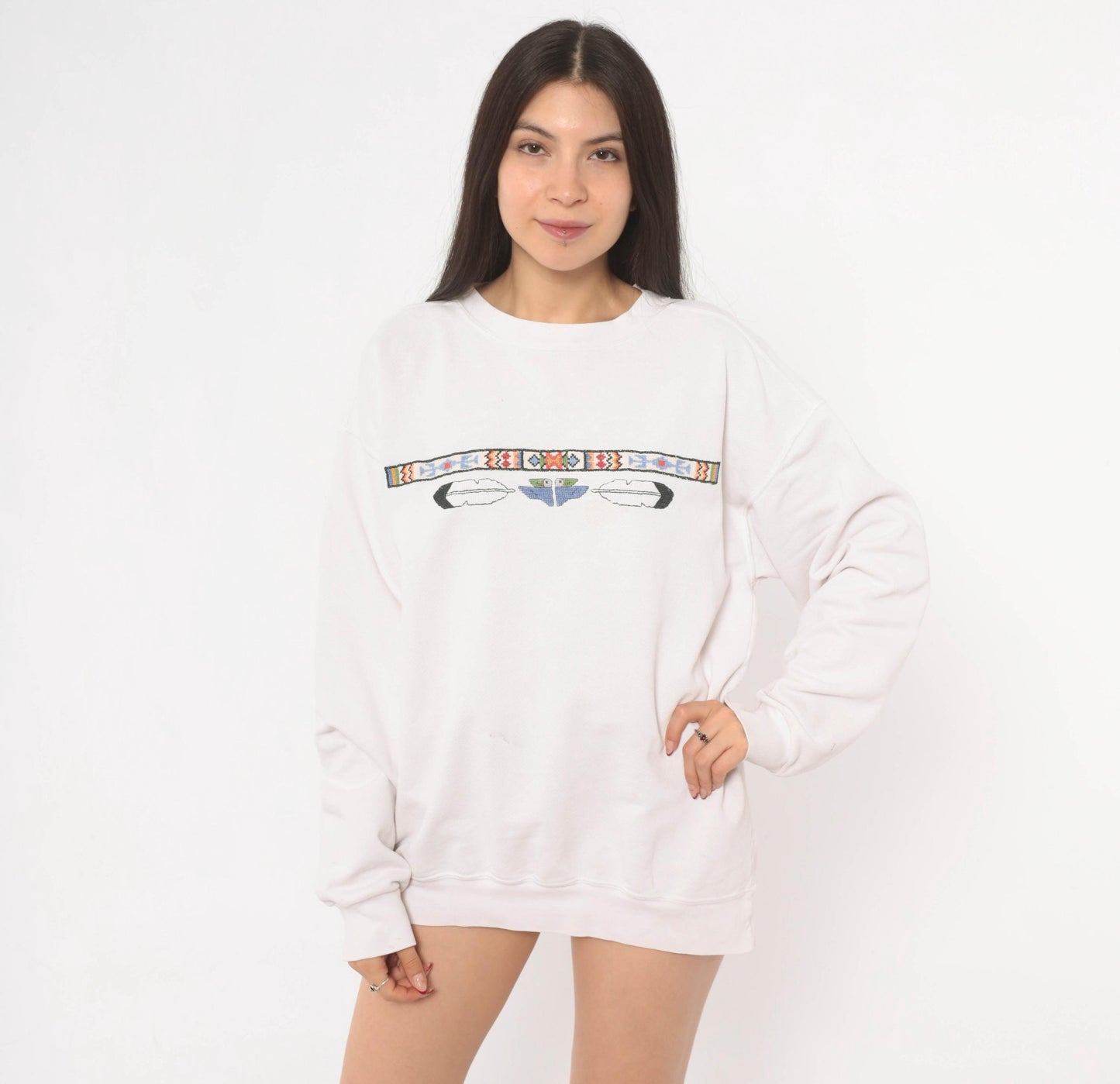 90s Sunbelt Southwestern Sweatshirt Cross Stitch Embroidered Eagle Cream Cotton Large