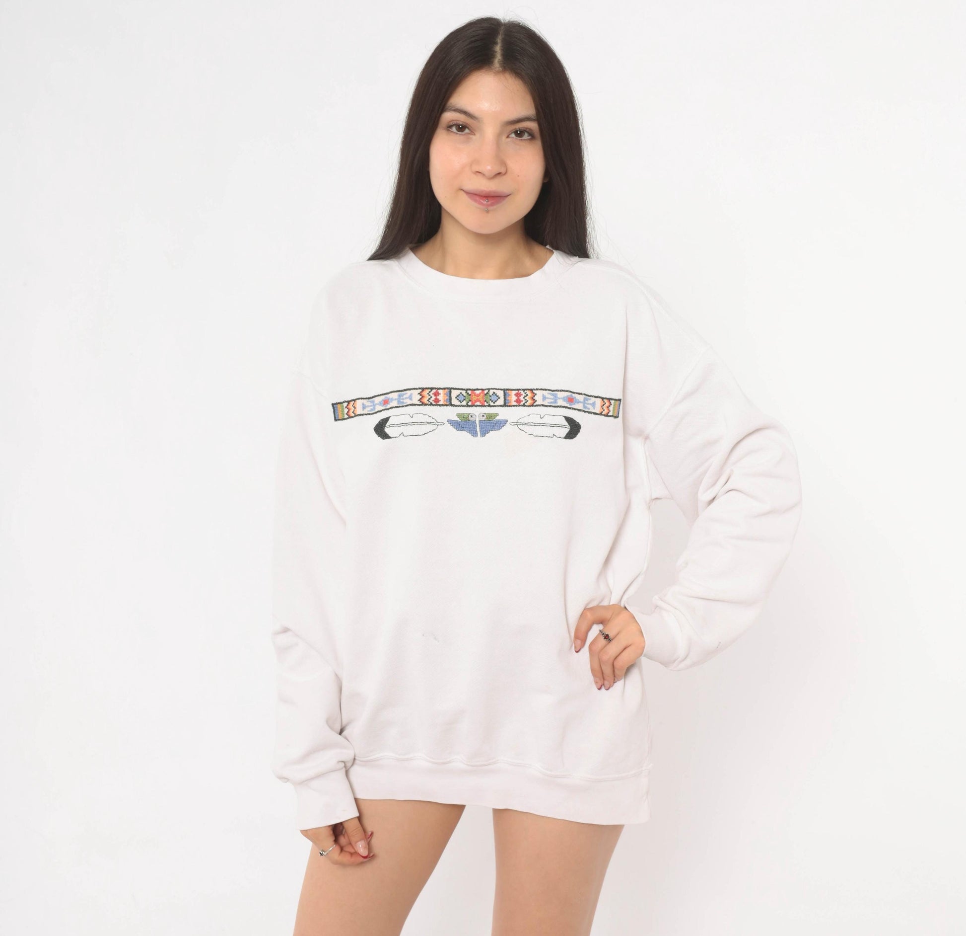 90s Sunbelt Southwestern Sweatshirt Cross Stitch Embroidered Eagle Cream Cotton Large