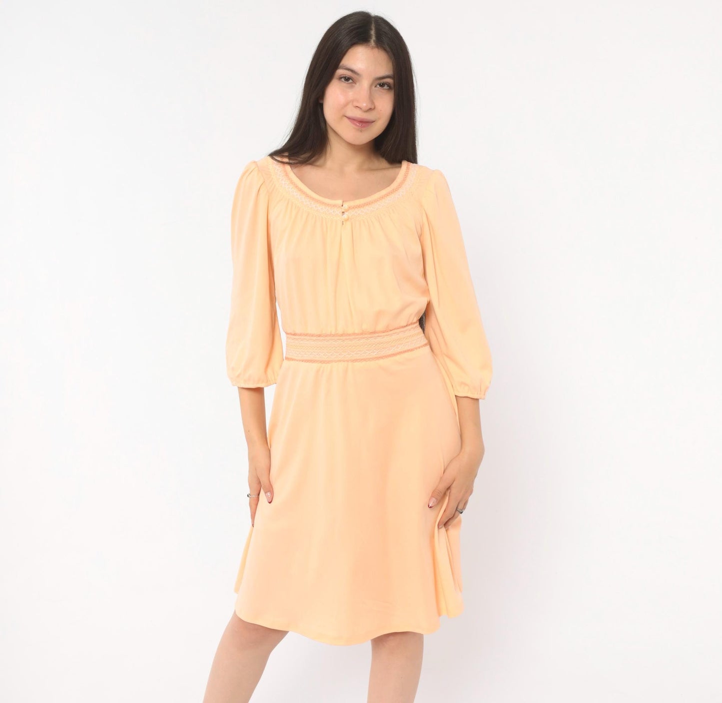 70s Peach Peasant Dress Puff Sleeve Smocked Embroidery Knee Length Large L