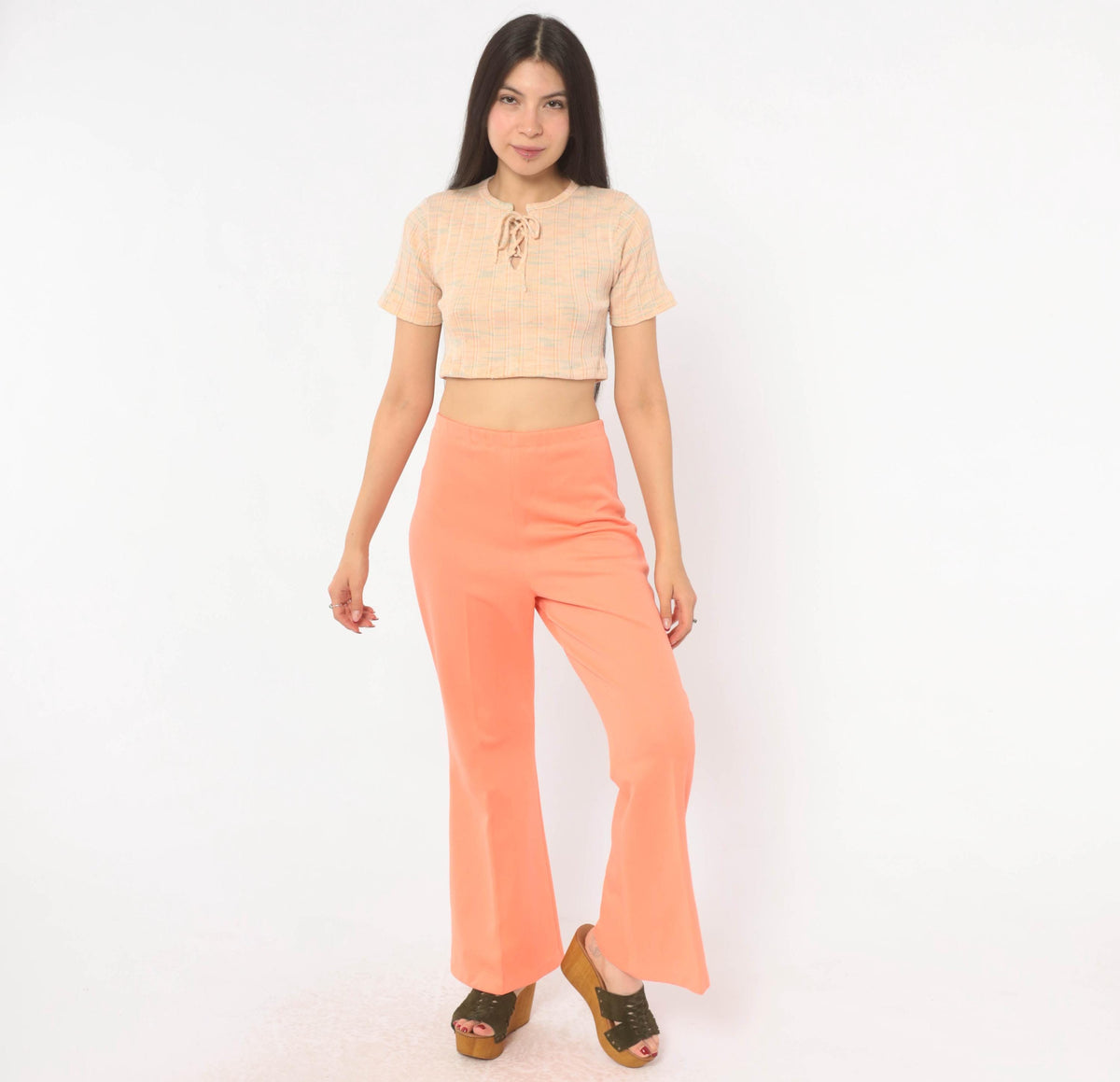 70s Peach Flare Pants High Rise Bell Bottom Trousers Knit Large L