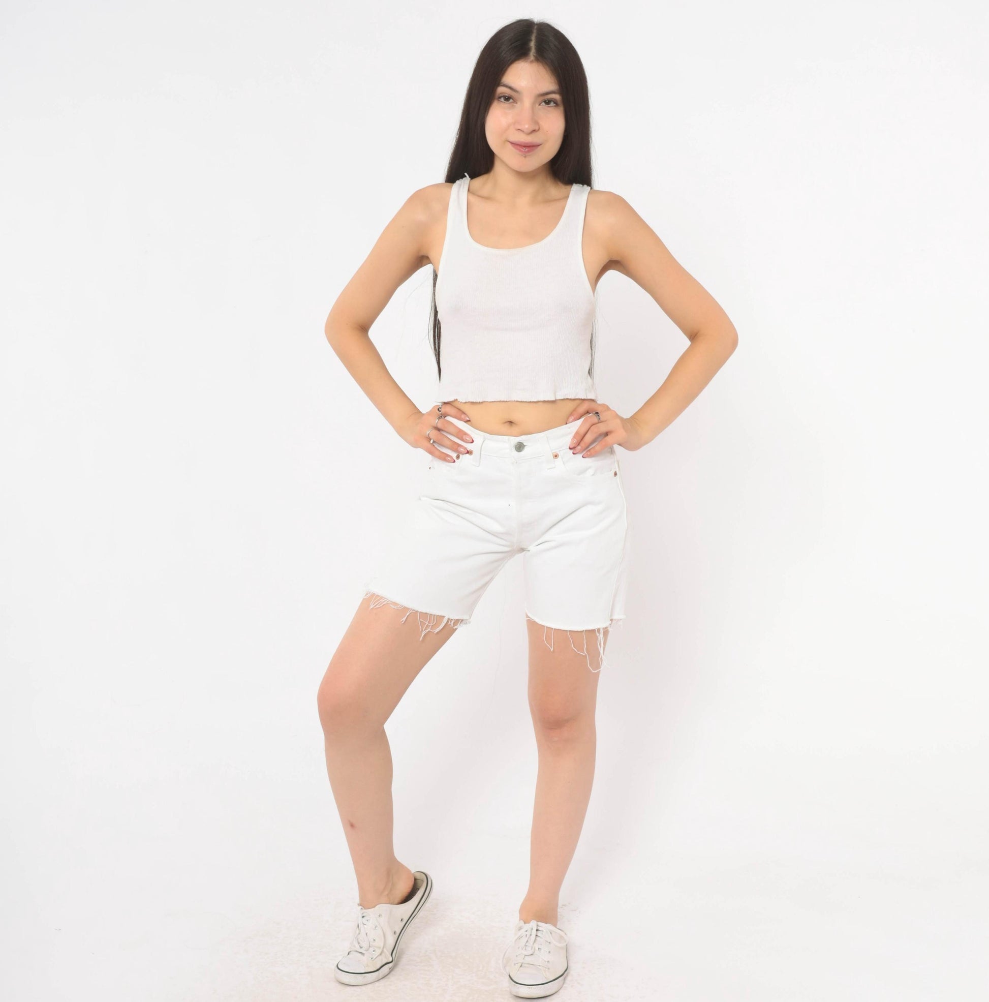 90s Levi's 501 White Denim Cutoff Shorts High Rise Button Fly Small S