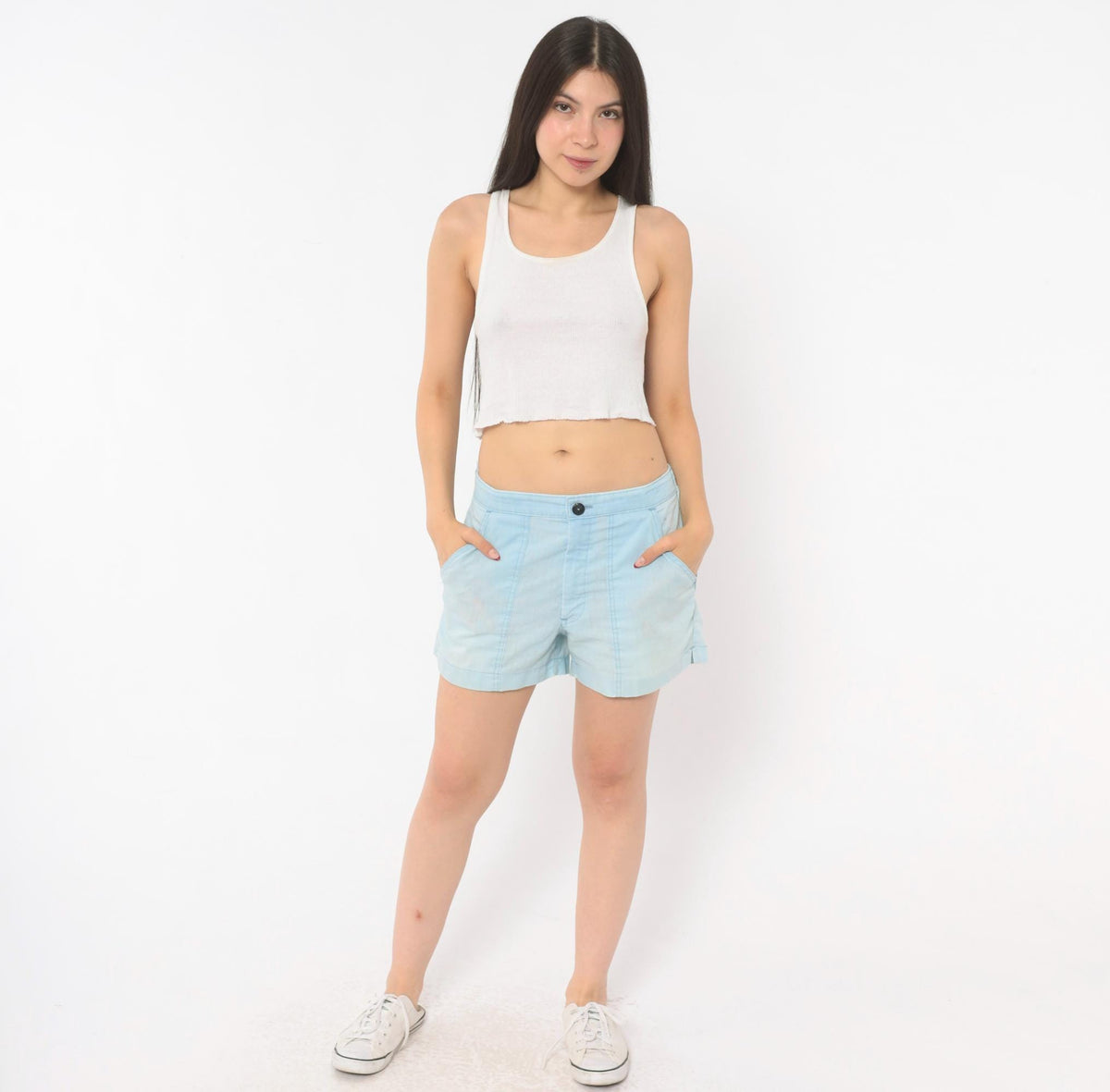 80s Light Blue Cotton Shorts Elastic Waist Button Fly Medium Large