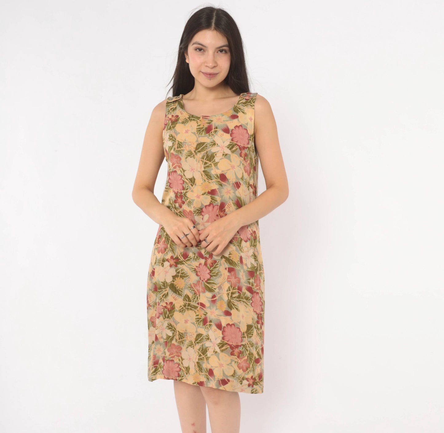 90s Dressing Clio Floral Shift Dress Cream Tropical Print Knee Length Small