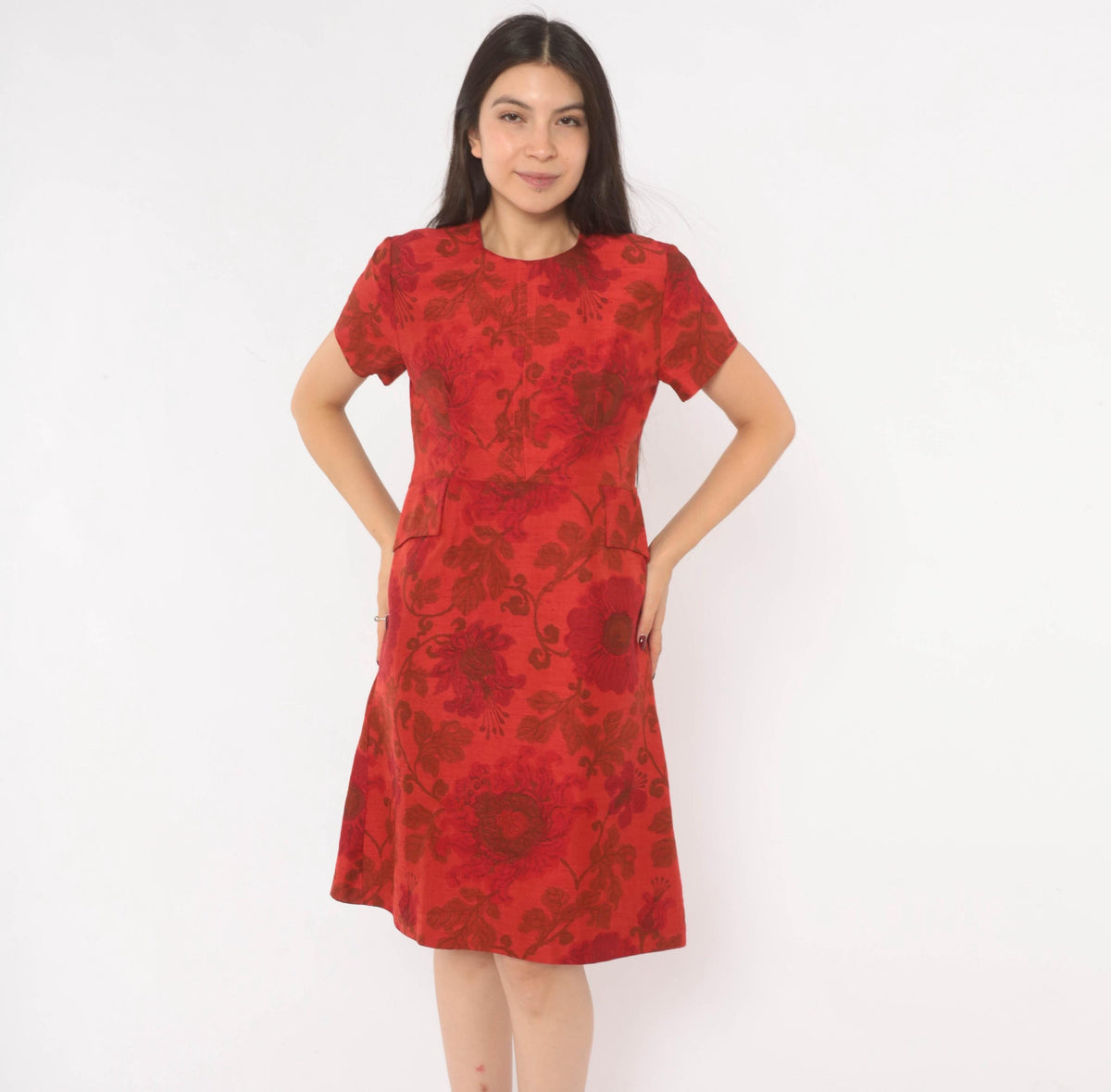 60s Lisa Carlton Red Silk Jacquard Floral A-Line Dress Knee Length Small S
