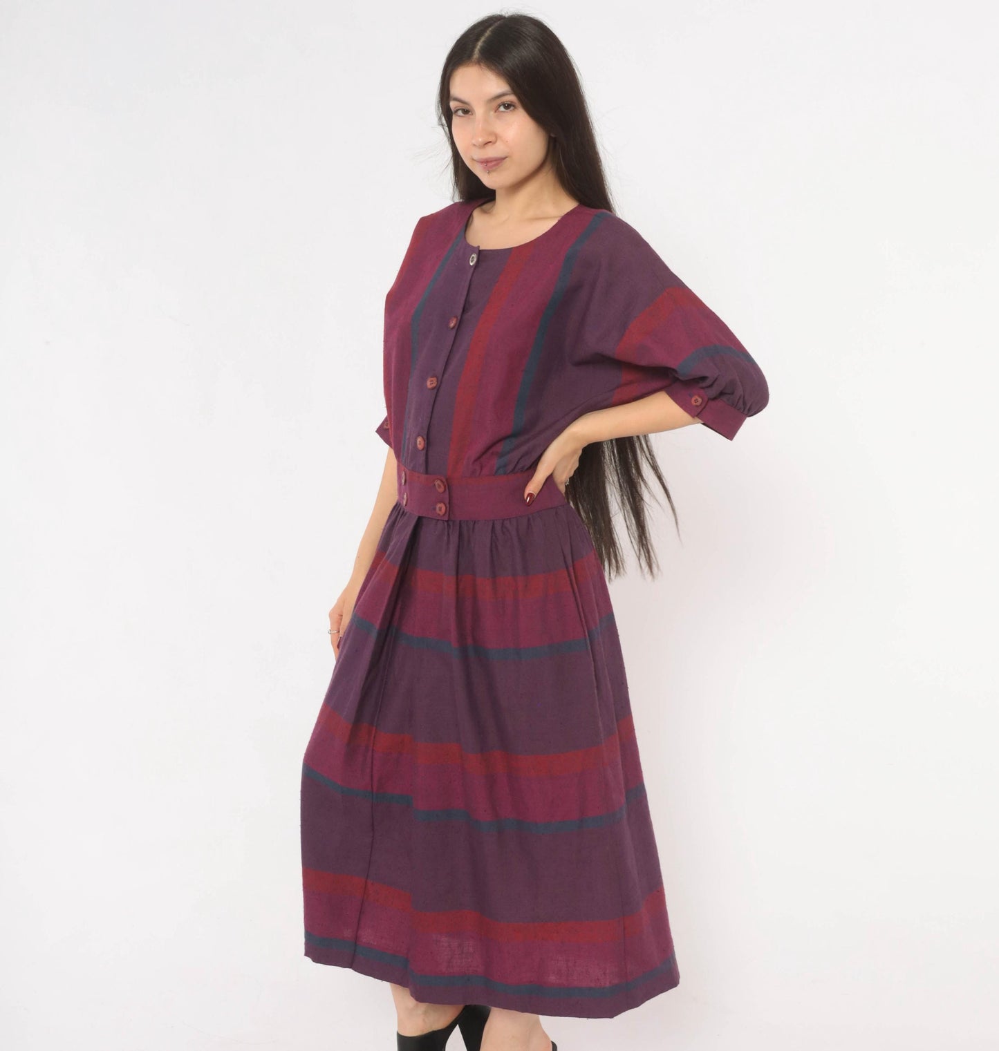 80s David Warren Plaid Midi Dress Purple Burgundy Puff Sleeve Cotton Large L
