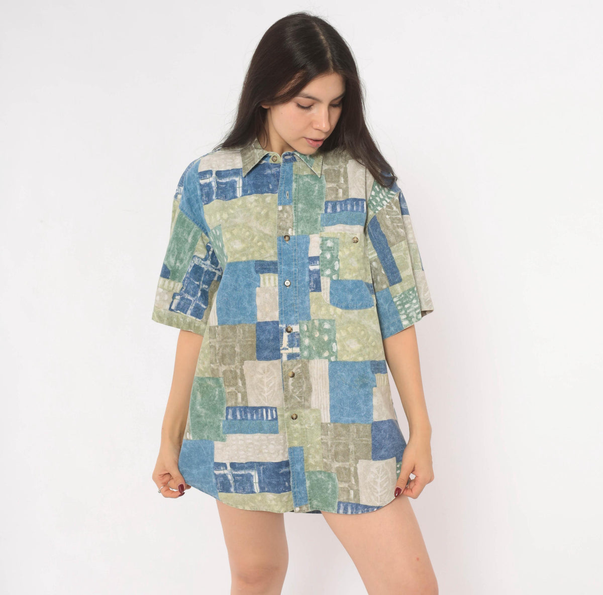 90s Marc Daniels Patchwork Print Button Shirt Cotton Geometric Blue Sage Medium