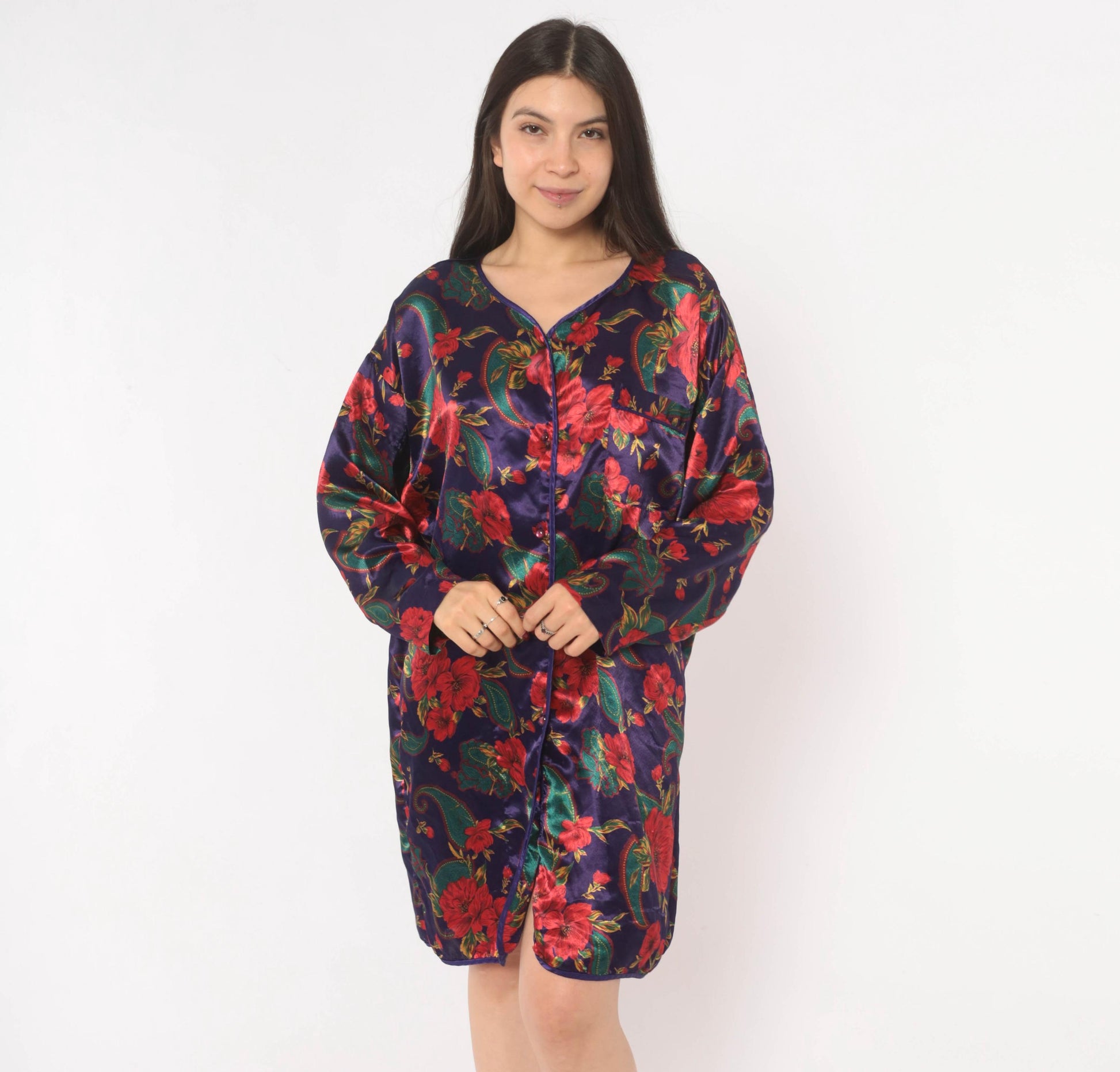 90s Satin and Beaux Floral Paisley Nightshirt Purple Red Teal Knee-Length Small