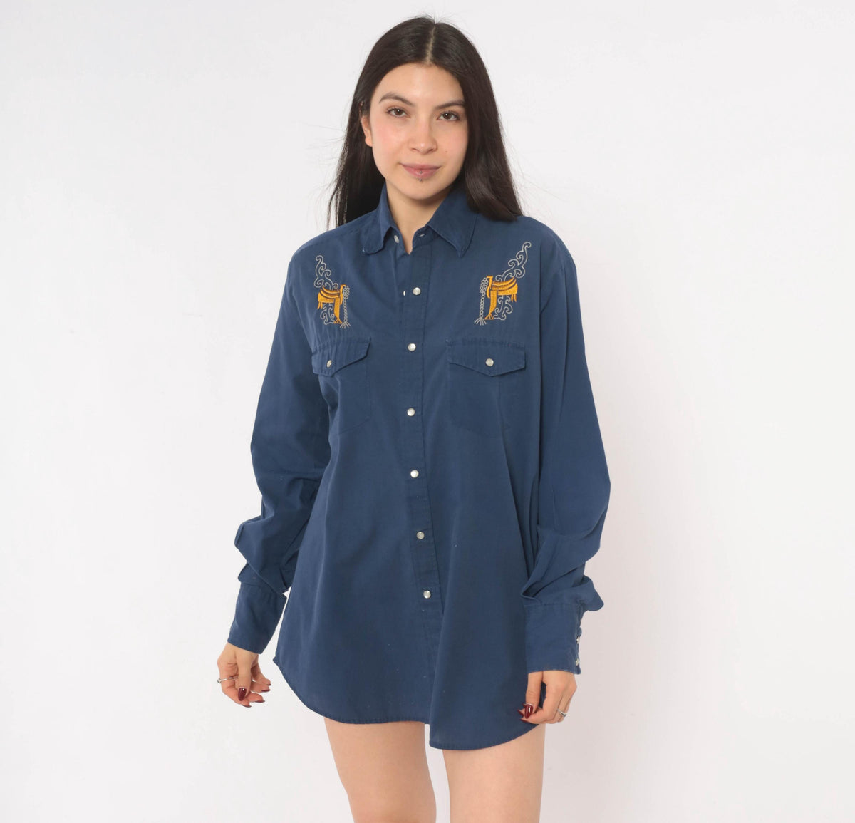 90s Blair Western Shirt Navy Pearl Snap Embroidered Saddle Mens Medium