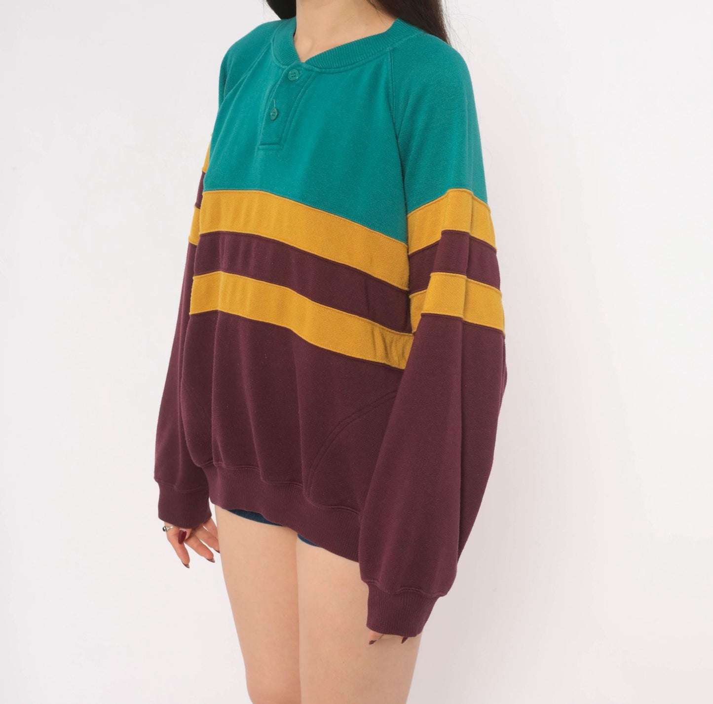 90s Prides Landing Color Block Henley Sweatshirt Teal Burgundy Mustard Large L