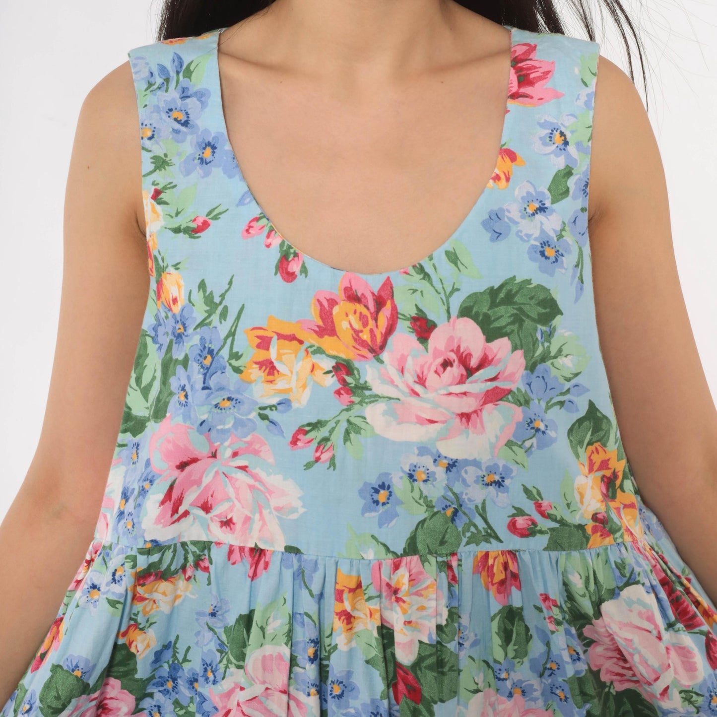 80s Sky Blue Floral Sundress Rose Print Scoop Neck Gathered Waist Medium