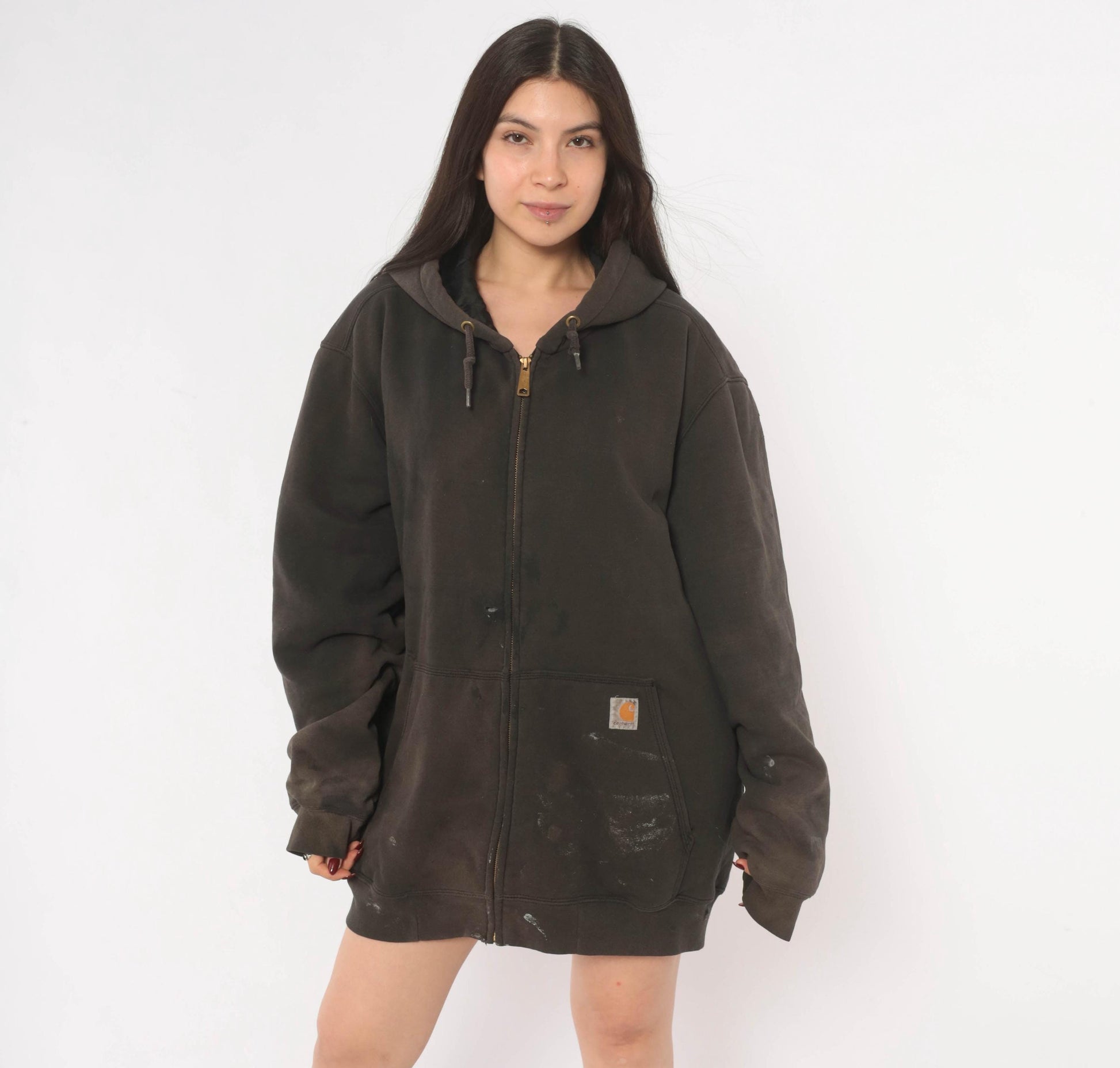 Y2K Carhartt Full Zip Hooded Sweatshirt Dark Brown Distressed XL