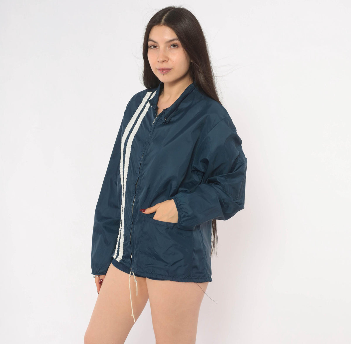 70s Sterling Pro Navy Windbreaker Racing Stripe Zip Jacket Small
