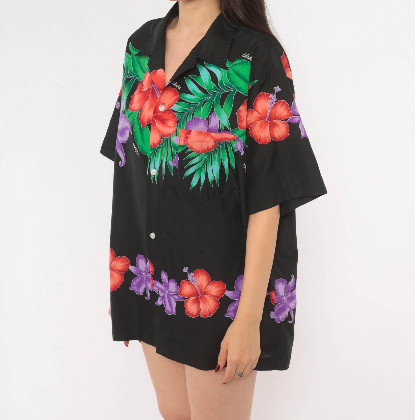 80s Made In Hawaii Hawaiian Shirt Black Hibiscus Floral Camp Collar Large