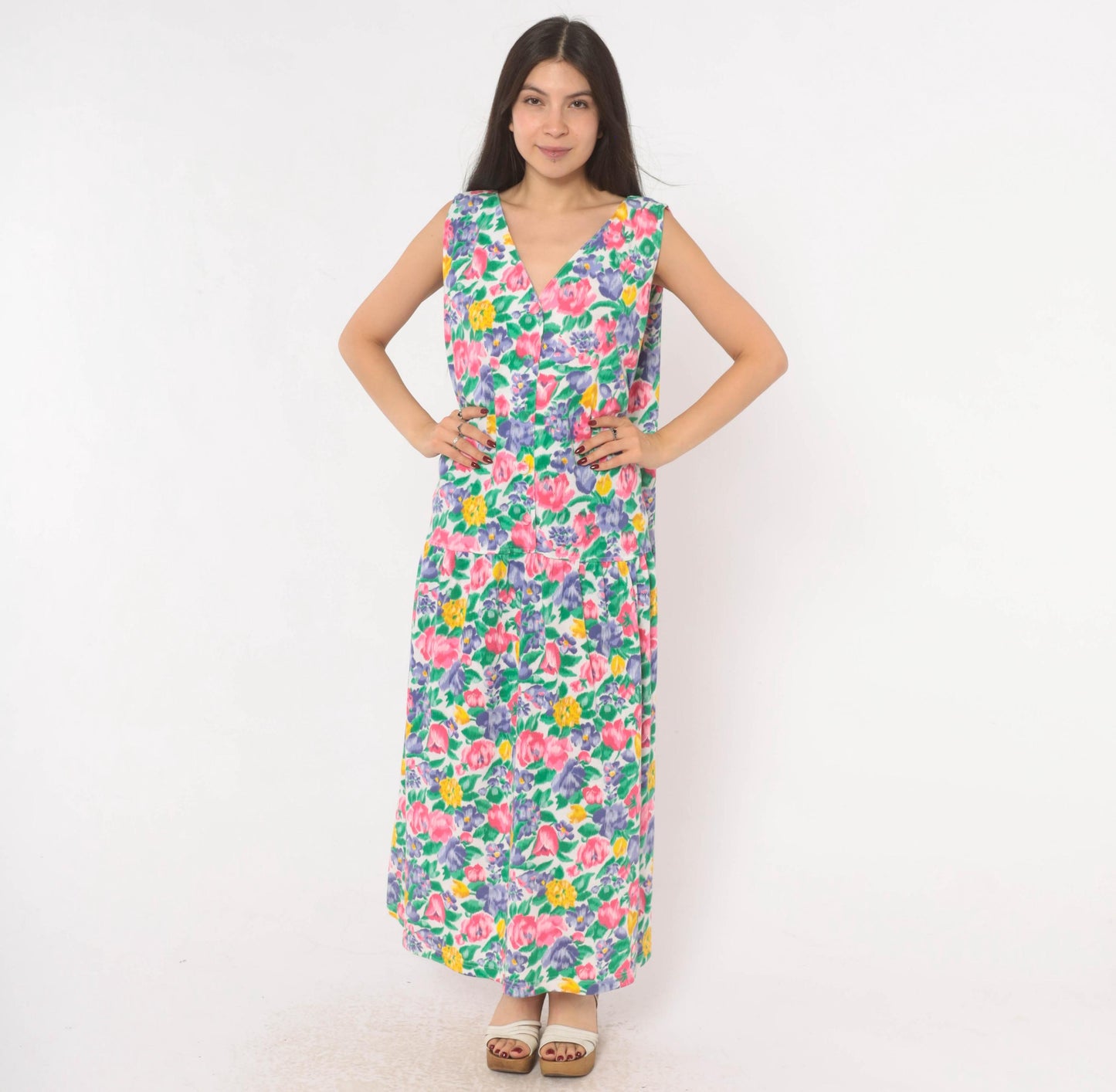 90s Fads Floral Maxi Dress Button Front V-Neck Sleeveless Pink Purple Extra Large XL