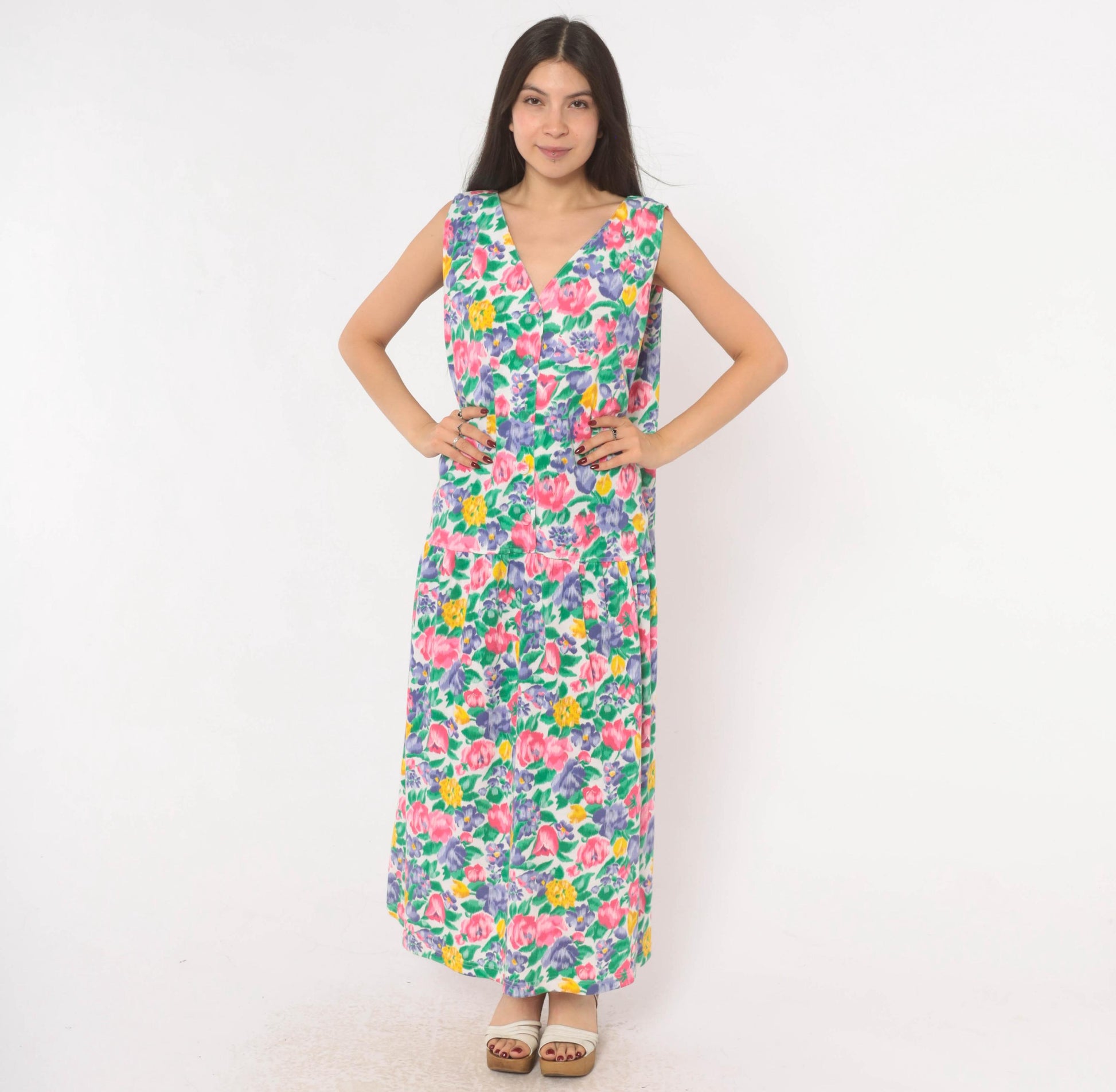 90s Fads Floral Maxi Dress Button Front V-Neck Sleeveless Pink Purple Extra Large XL