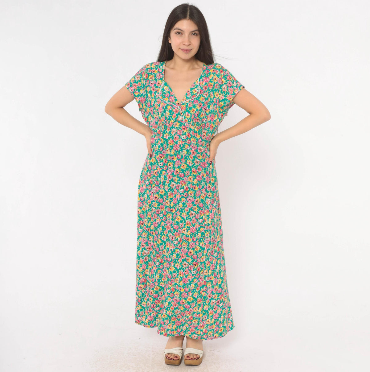 90s Hang Ten Floral Maxi Dress Green Pink Yellow V-Neck Wrap Bodice Large L