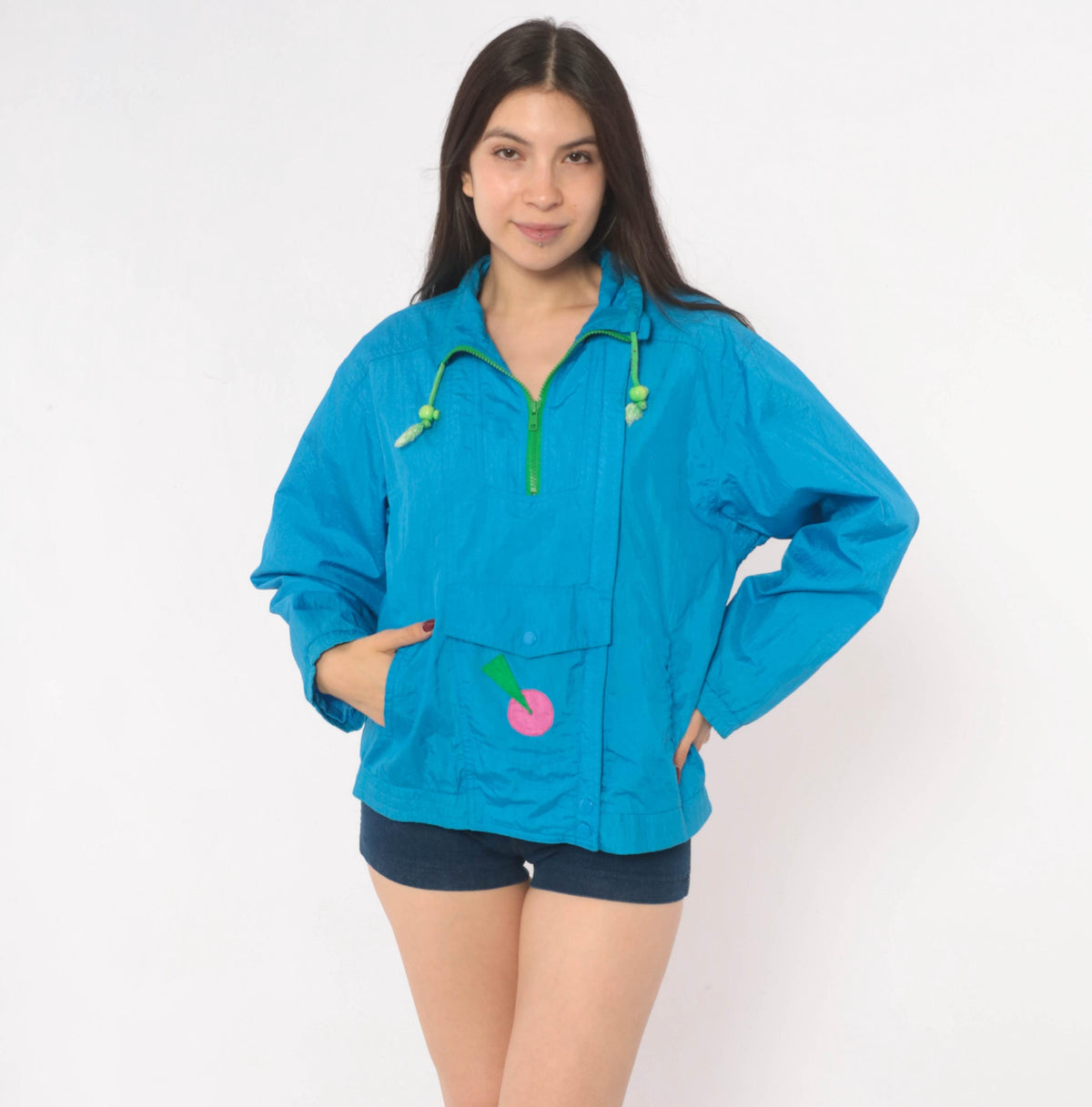 90s Andy Johns Teal Geometric Anorak Half-Zip Windbreaker Medium