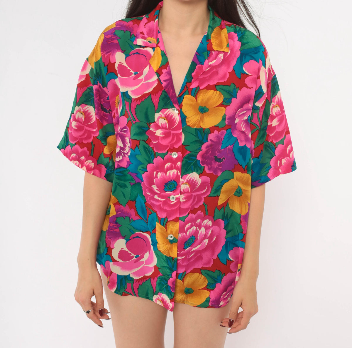 90s Heléne Sidel Silk Camp Collar Shirt Floral Fuchsia Small