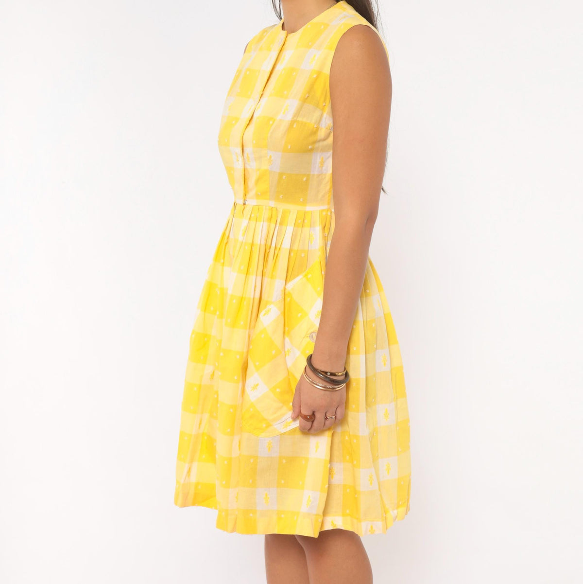 60s Yellow White Gingham Cotton Sundress Button Front Pleated Knee Length Extra Small