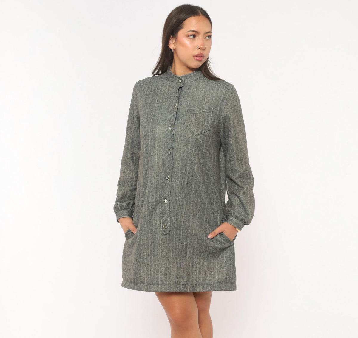 60s Tina's Pinstripe Shirt Dress Grey Mandarin Collar Medium M