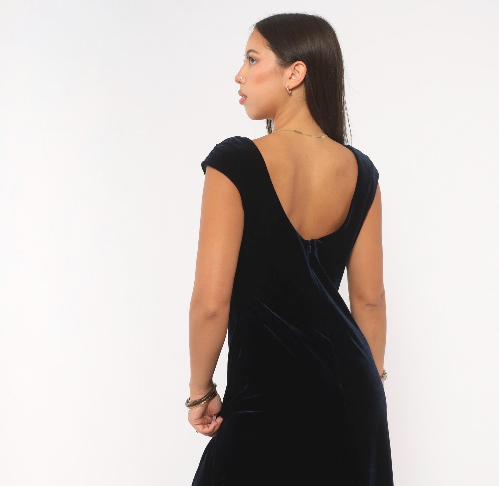 90s J. R. Nites Navy Velvet Gown Beaded Sequin Cap Sleeve Boat Neck Medium