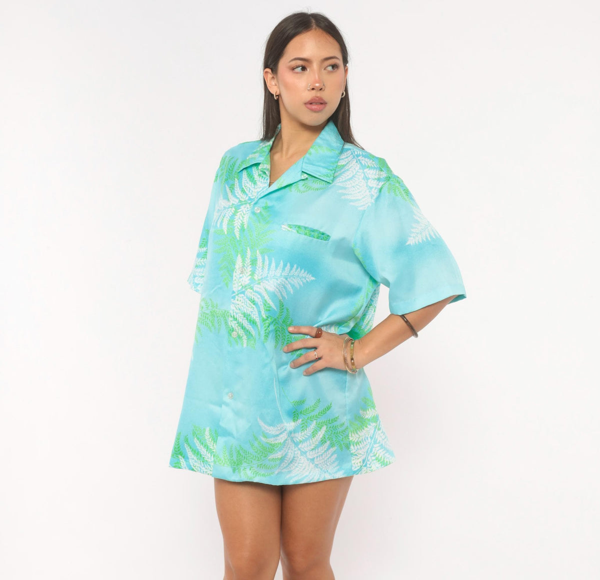90s Malihini Hawaiian Shirt Fern Print Aqua Blue Green Leaf Camp Collar Medium