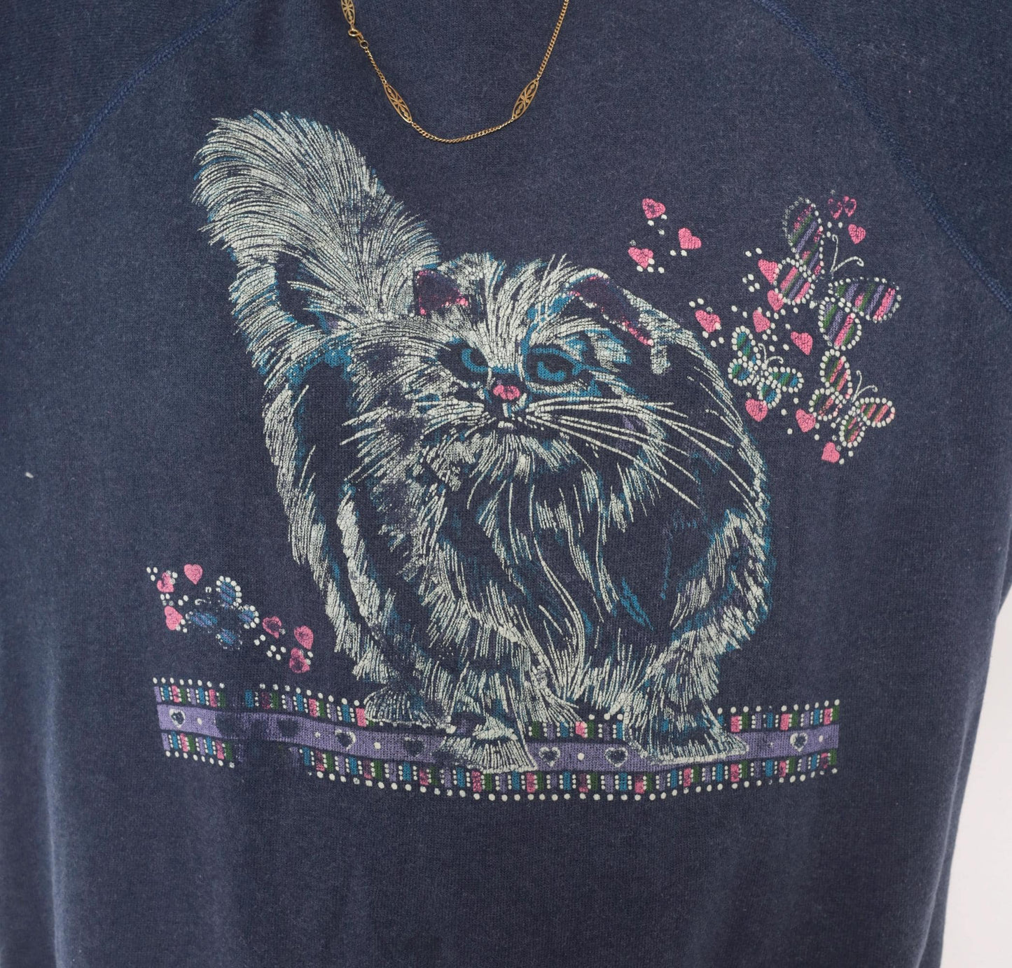 90s Hanes Cat Butterfly Sweatshirt Navy Blue Graphic Crewneck Raglan Large L