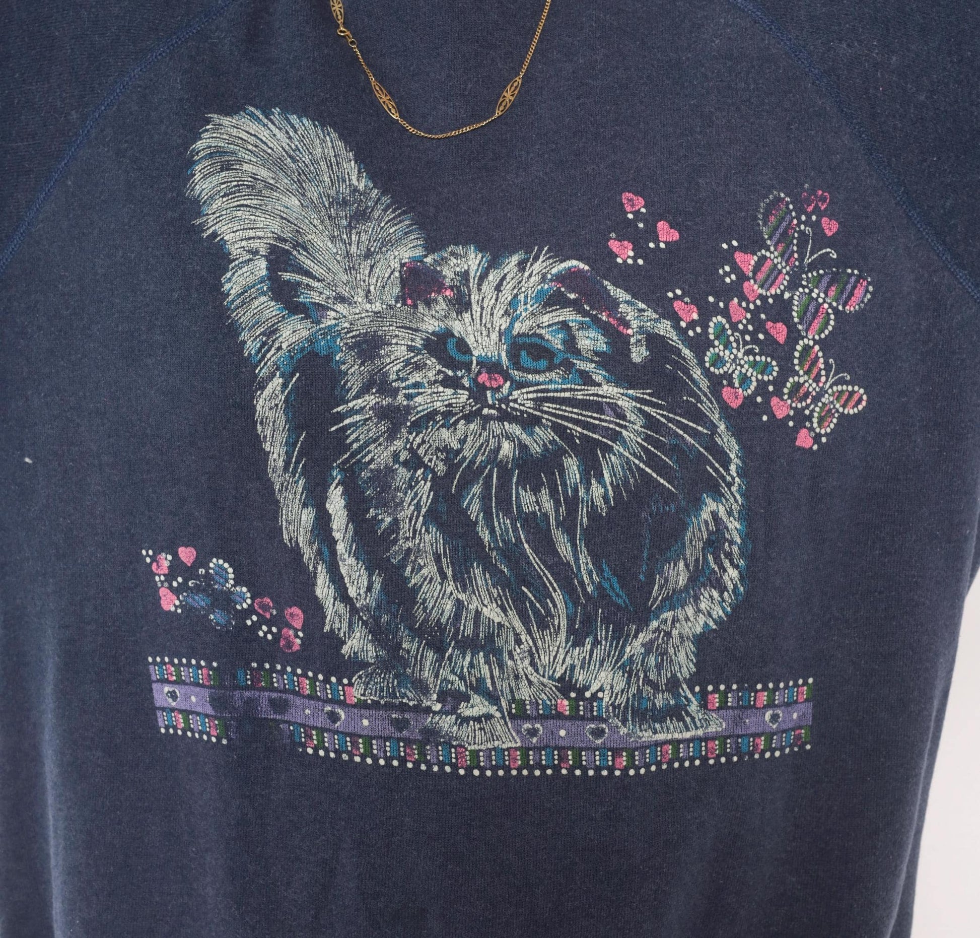 90s Hanes Cat Butterfly Sweatshirt Navy Blue Graphic Crewneck Raglan Large L