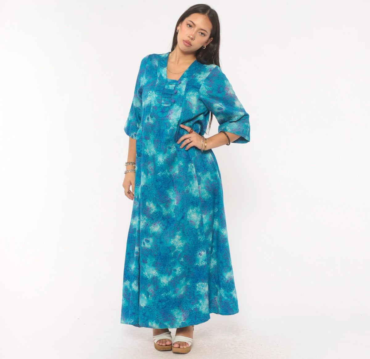 70s Psychedelic Floral Maxi Dress Blue Purple Teal Cotton Square Neck Medium