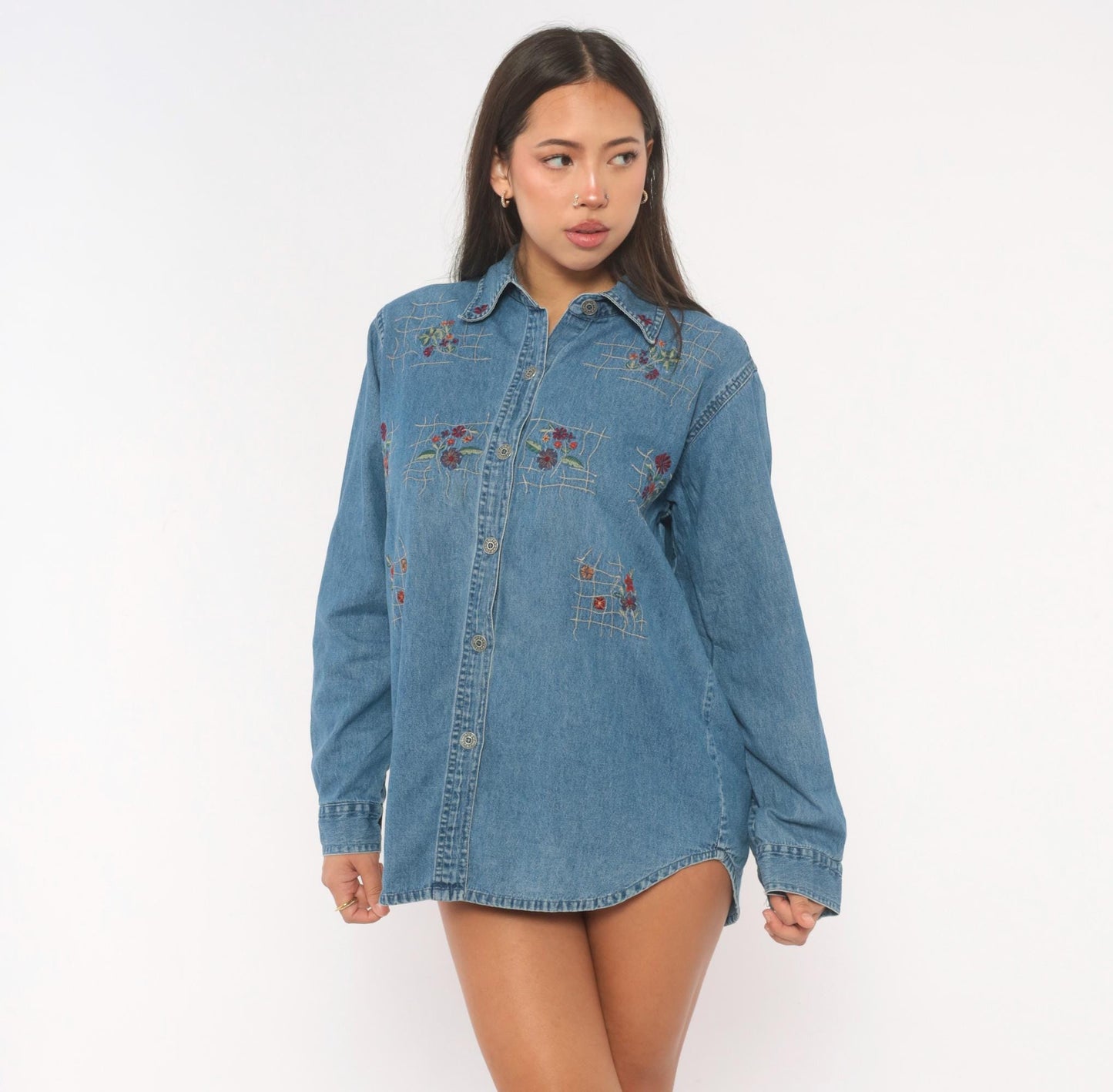 90s Floral Embroidered Denim Shirt Cotton Button-Up Lattice Trellis Large L
